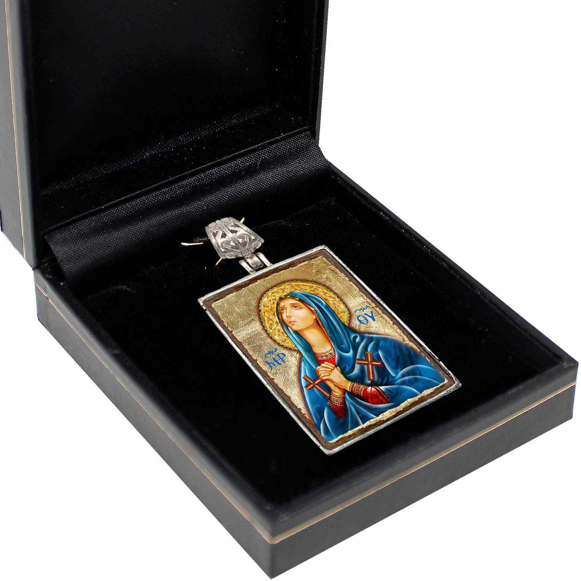 Mother of God Religious Jewelry Silver Plated Necklace, Gold-Plated Wooden Cabochon - Christian Sacred Icon - Inspirational Icon Decor - 43014R
