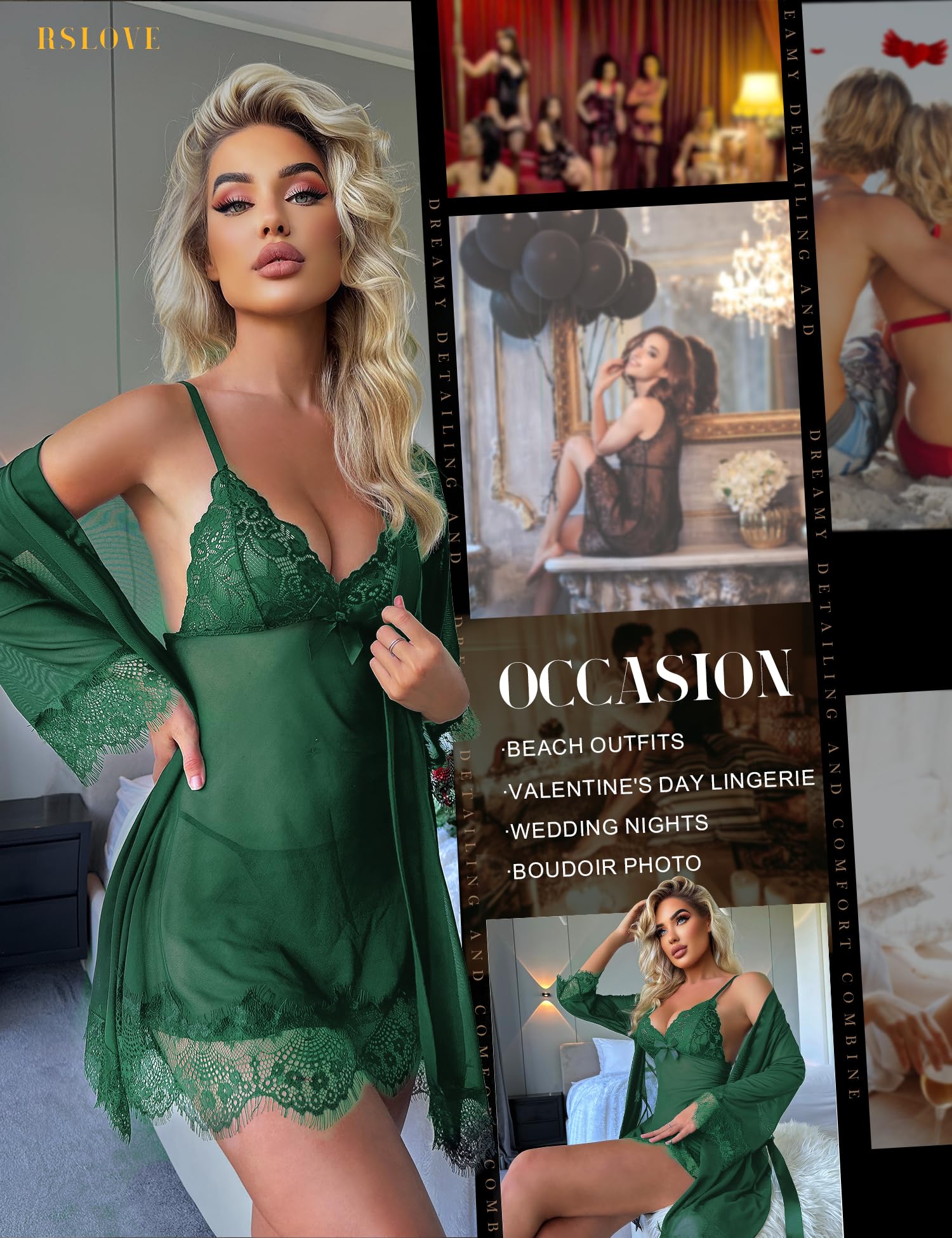 RSLOVE Women Sexy Lingerie Set 3 Piece Babydoll & Lace Kimono Robe Strap Chemise Mesh Nightgown Wine Red M