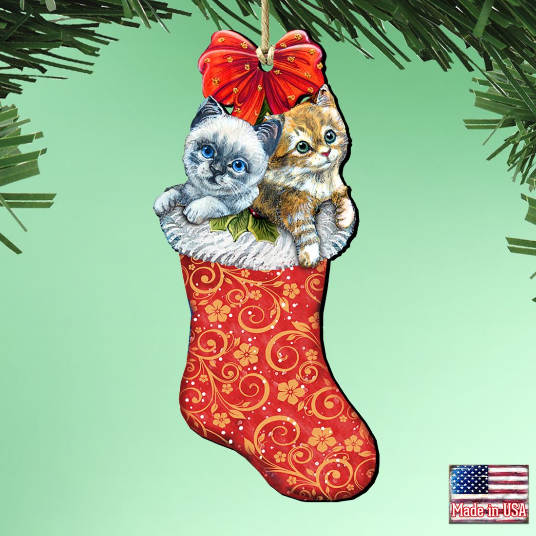 Kitty Cats Christmas Stocking Wooden Ornaments by G. DeBrekht - Christmas Santa Snowman Decor - 8114021