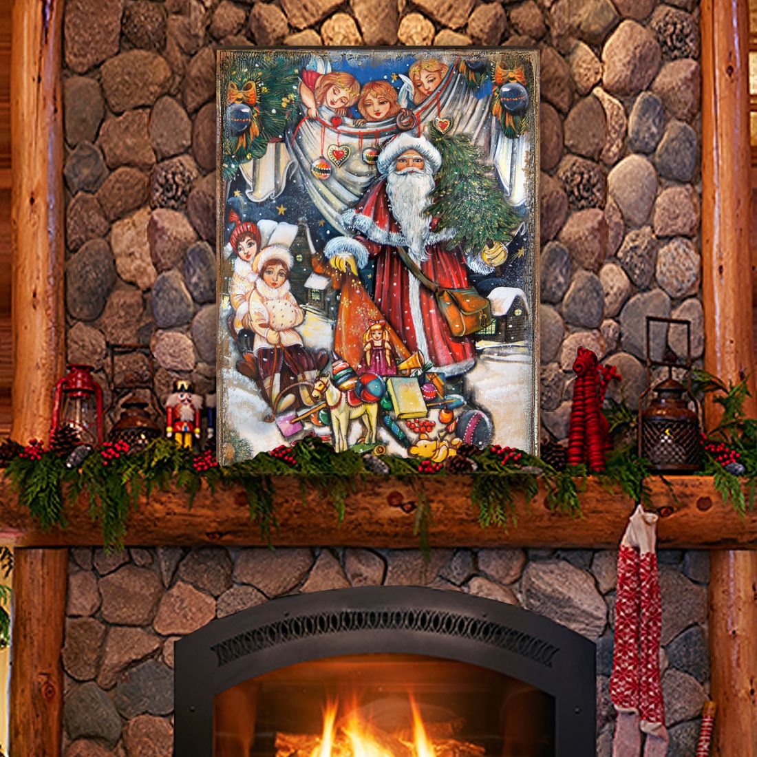 Vintage Gift Giver Santa Wooden Wall Art by G. DeBrekht - Christmas Santa Snowman Decor - 81291830B