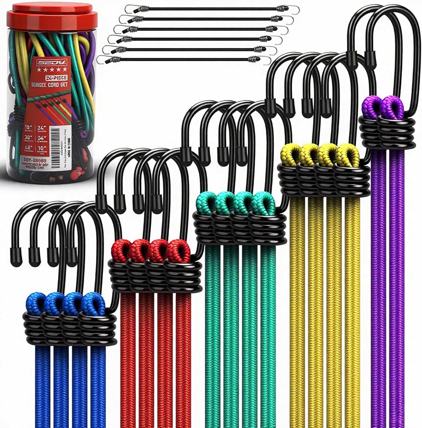 24-Piece Premium Bungee Cords Heavy Duty Outdoor, Bungee Cords with Hooks in a Storage Jar Includes 10", 18", 24", 30", 36", 48" Bungie Cord Bundle Assortment for Camping, Tent, Fastening Items