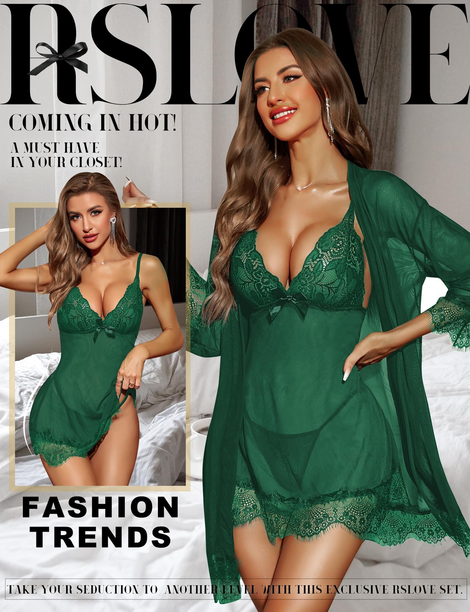 RSLOVE Women Sexy Lingerie Set 3 Piece Babydoll & Lace Kimono Robe Strap Chemise Mesh Nightgown Wine Red M