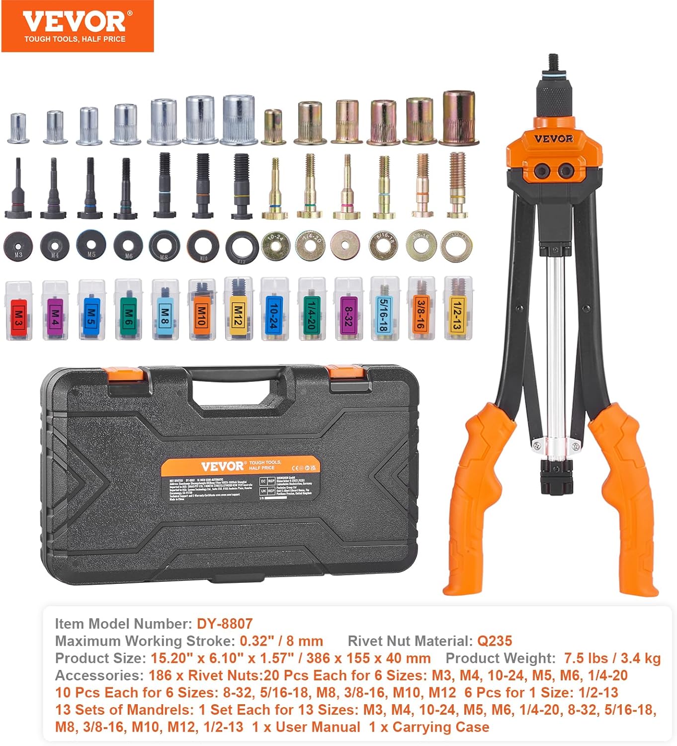 VEVOR Rivet Nut Tool, 16 inch Rivnut Tool Kit with 13PCS Metric and SAE Mandrels, 186PCS Rivet Nuts, Semi-auto Retraction, M3, M4, M5, M6, M8, M10, M12, 1/4-20, 5/16-18, 3/8-16, 1/2-13, 8-32, 10-24