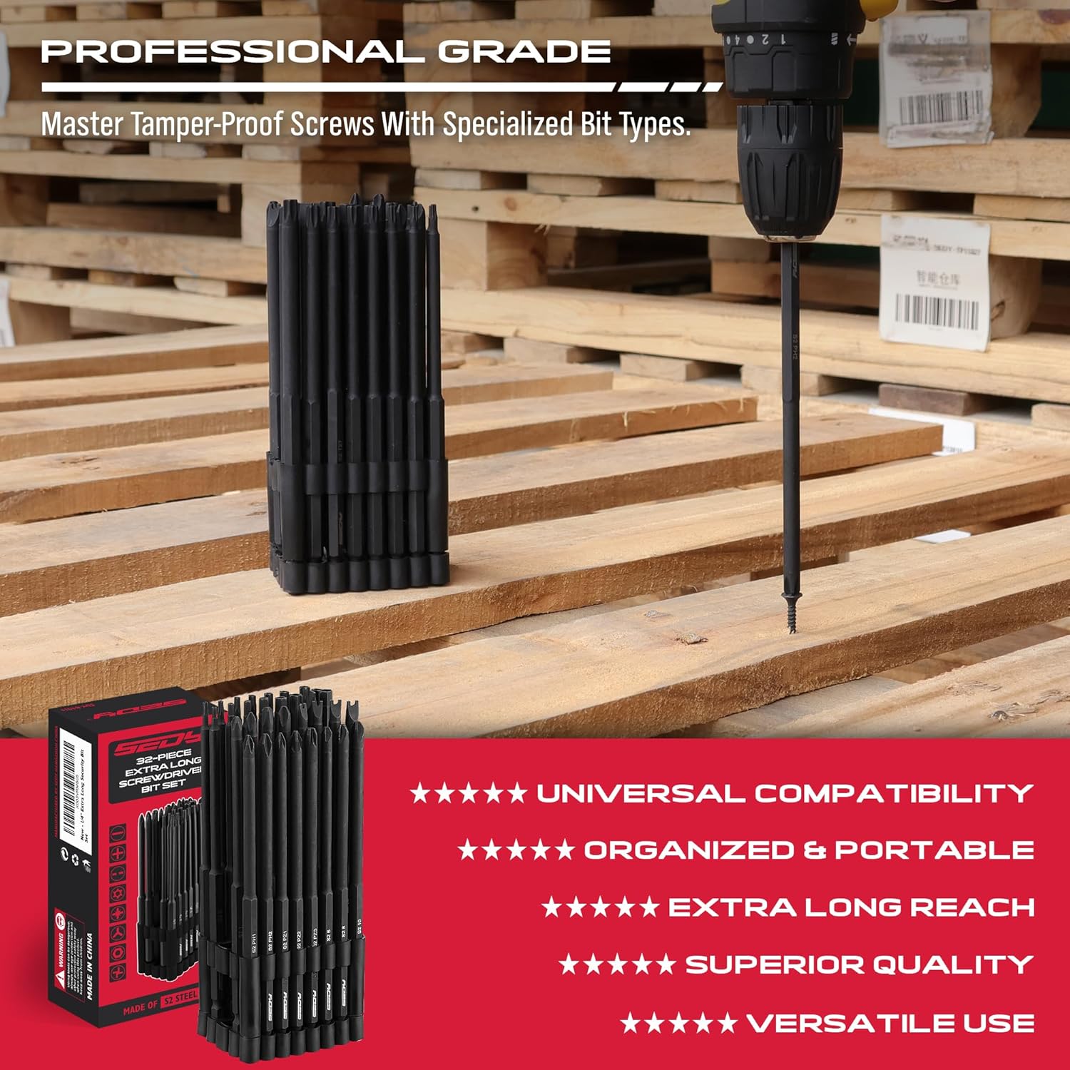 Extra Long Security Bit Set: 32-Piece S2 Steel Screwdriver Drill Bits for Tamper-Proof Screws, 6" Torx, PoziDriv, Spanner, Tri-Wing - Universal 1/4" Hex Shank for Electric, Impact Drills