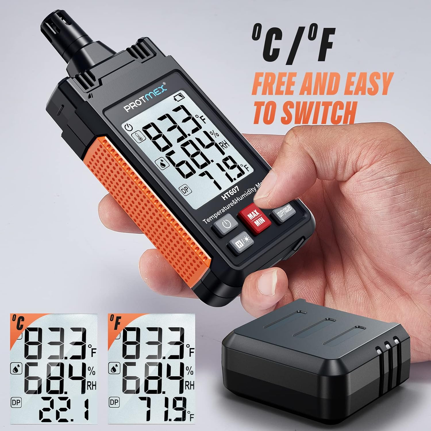 HT607 Temperature Humidity Meter High Precision Digital Hygrometer with Ambient, Relative Humidity, Dew Point, Wet Bulb Thermometer, Min/Max Hold, LCD Backlight with Cover Protector