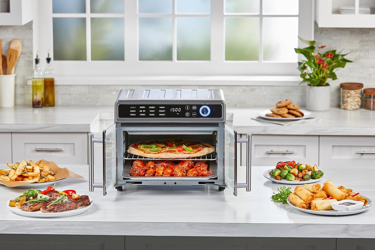 BLACK+DECKER Crisp 'N Bake Air Fryer Toaster Oven Combo, 12 in 1 Countertop Convection Oven Cooks Food Fast, Fits a Whole Pizza or 6 Toast Slices, French Doors with Stainless Steel Finish