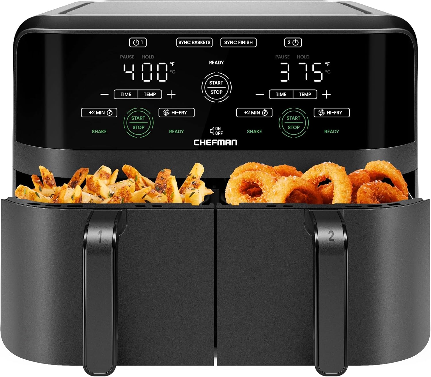 Chefman TurboFry Touch Dual Air Fryer, Maximize The Healthiest Meals With Double Basket Capacity, One-Touch Digital Controls And Shake Reminder For The Perfect Crispy And Low-Calorie Finish