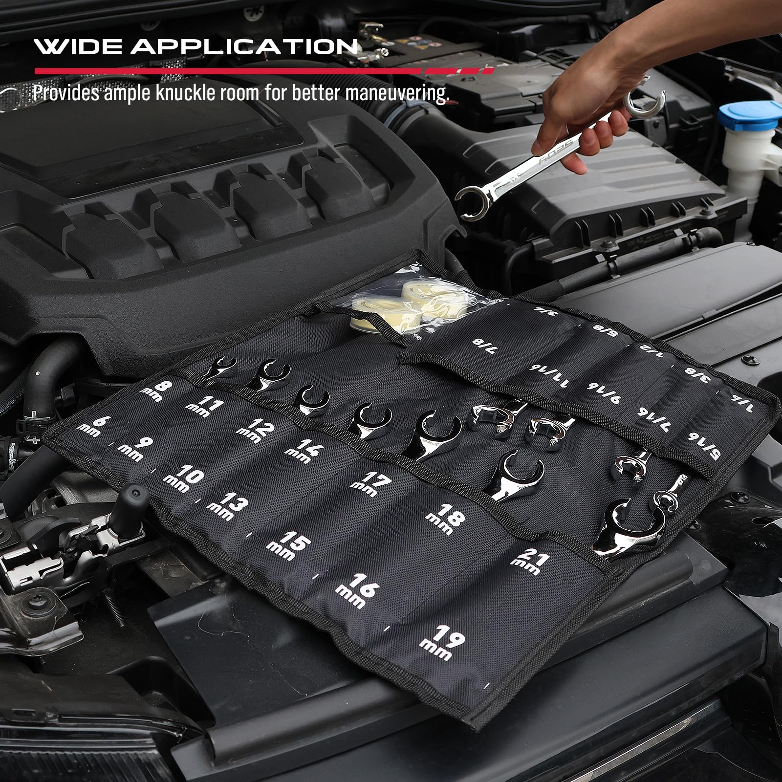 4-Piece Flare Nut Wrench Set - SAE Brake Line Wrench 1/4, 5/16, 3/8, 7/16, 1/2, 9/16, 5/8, 11/16-inch, Professional Offset Heads, Portable Organizer Pouch Included