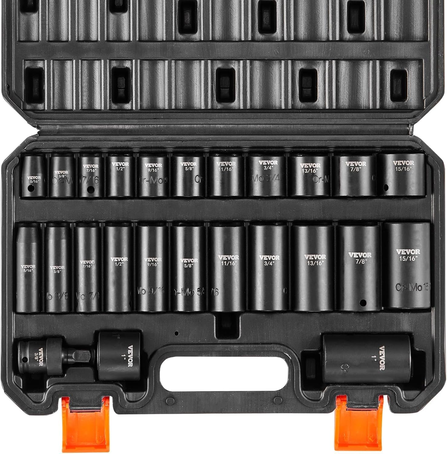 VEVOR Impact Socket Set 3/8" Drive, 48-Piece Standard SAE (5/16 to 3/4 inch) & Metric (8 to 22 mm) Size, Deep & Shallow, 6 Point, CR-V, Extension Bar, Universal Joint, 1/2" F to 3/8" M Reducer
