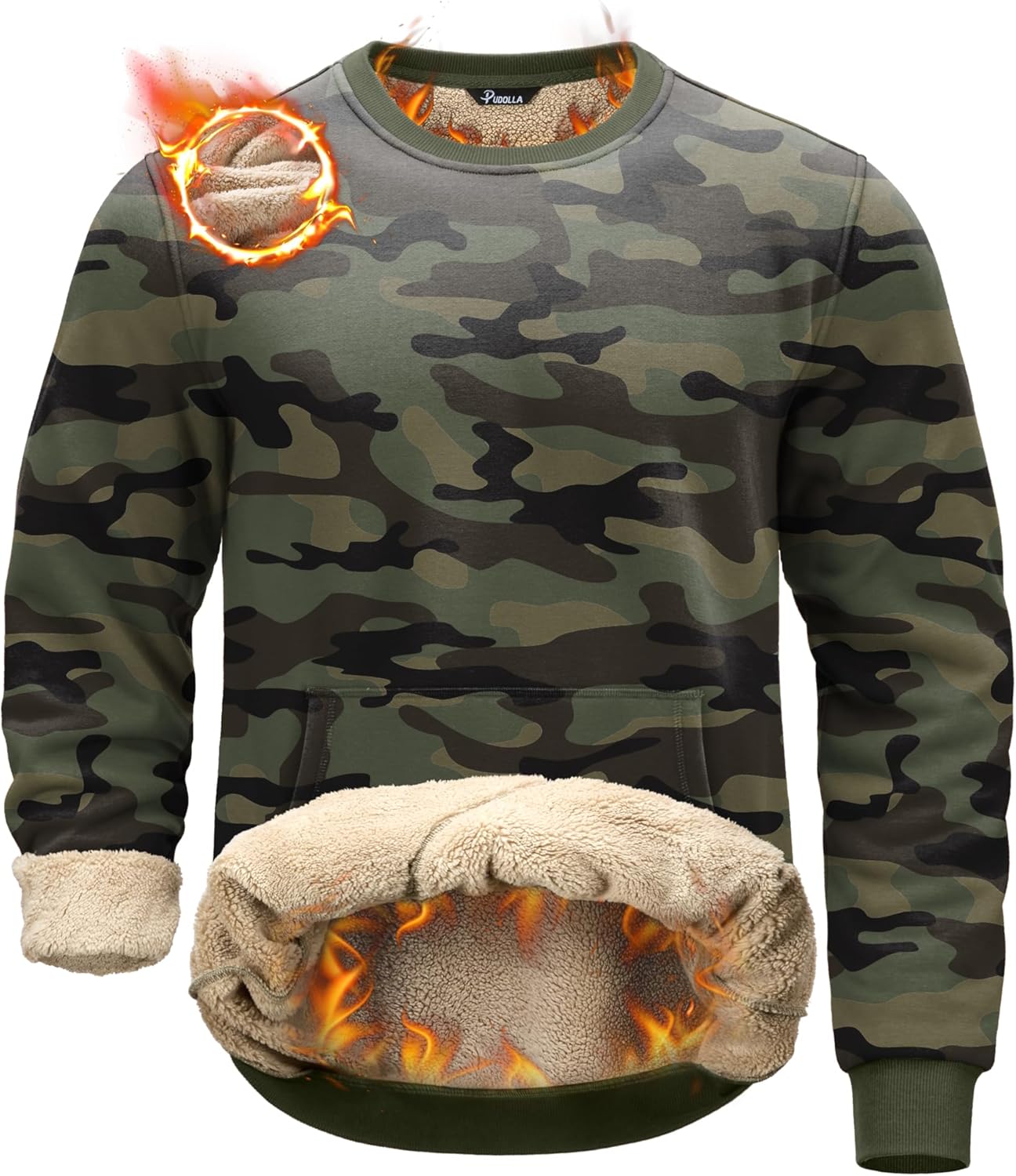 Pudolla Men's Sherpa Lined Sweatshirts Warm Soft Crewneck Sweatshirts Heavyweight Winter Pullover Kangaroo with Pouch Pocket