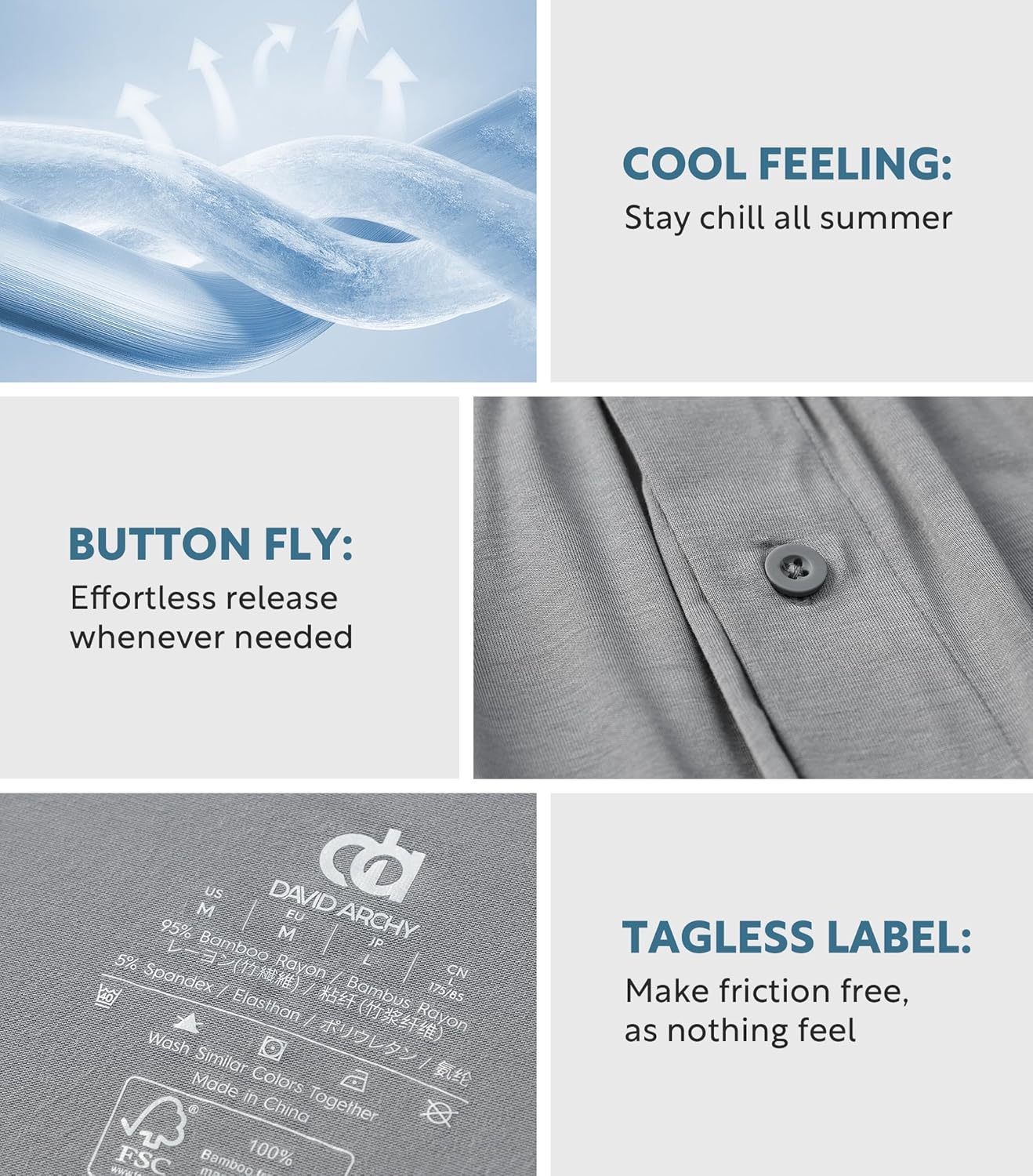 DAVID ARCHY Mens Boxer Shorts Breathable Soft Rayon Made from Bamboo Boxers for Men Loose Fit Mens Underwear 3 or 5 Pack