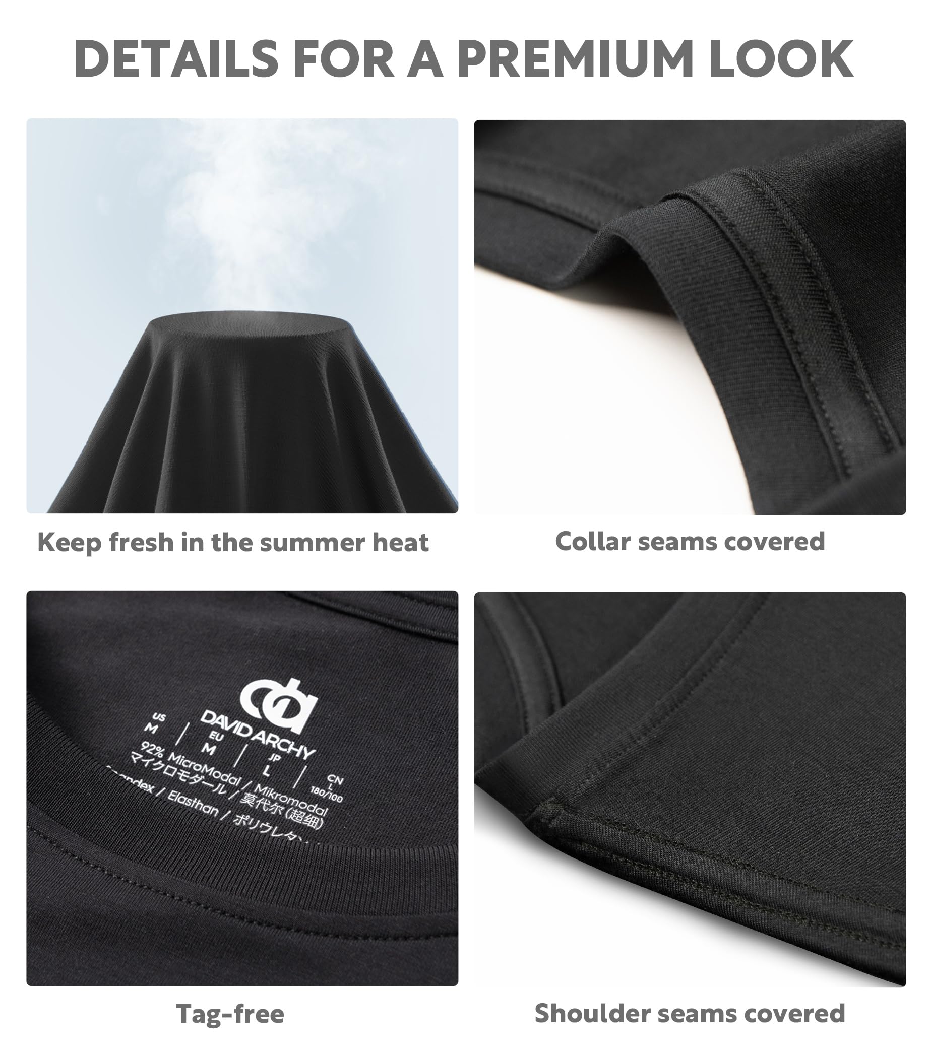 DAVID ARCHY Men's Undershirts Micro Modal Ultra Soft T-Shirts Stretch Moisture-Wicking Crewneck/V-Neck Tees for Men, 3-Pack