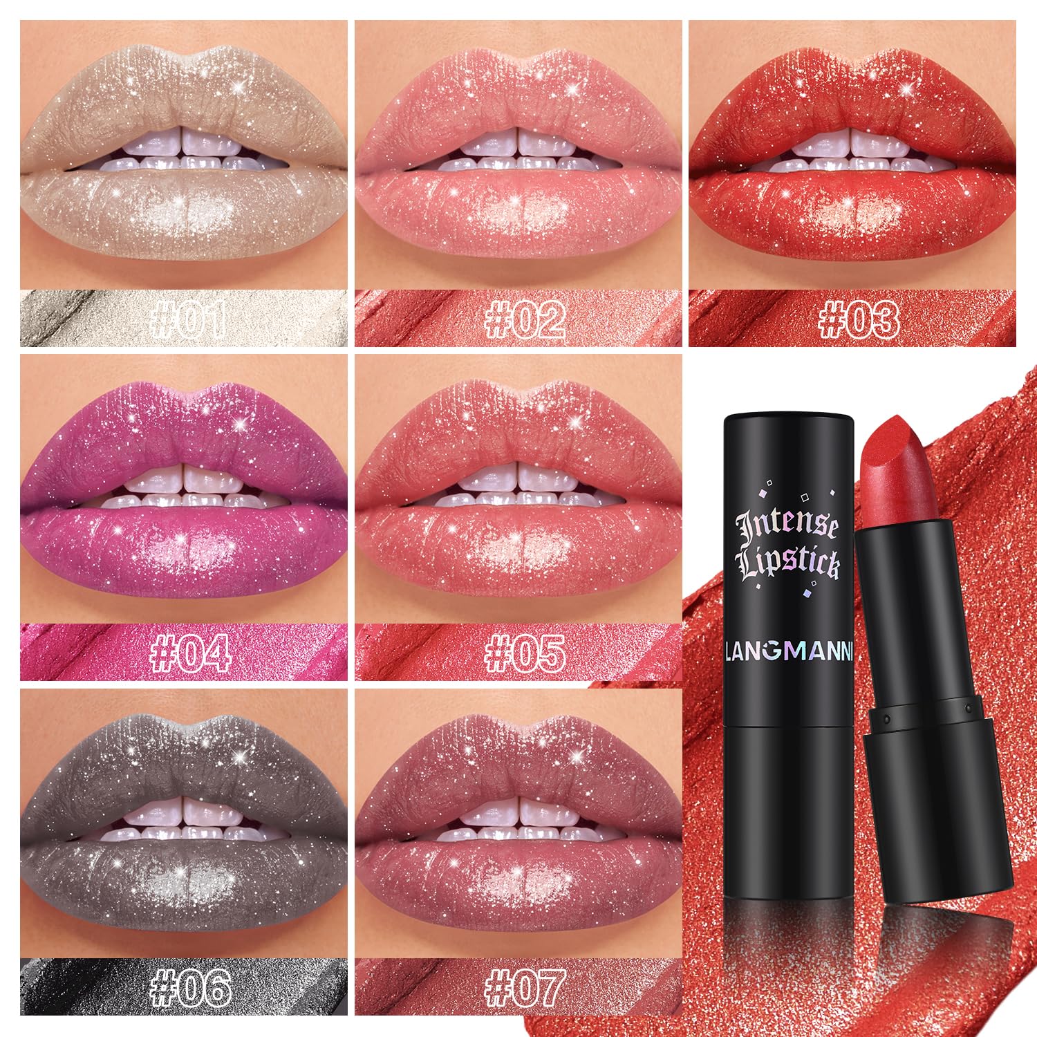 Jolilab Sparkling Lip Gloss, Long Lasting Waterproof Moisturizer Lip Balm Glitter Shimmer Metallic Lipstick, Diamond Shiny Bold Glow Goth Lipstick for Women Girls, Non-sticky (1, 07#)