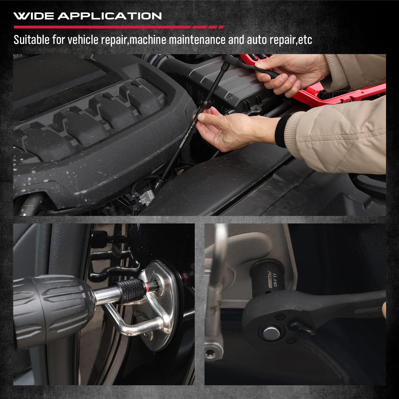 29-Piece 1/2" Drive Impact Socket Set, SAE (3/8 to 1 inch) and Metric (10-24mm) Sizes with Extension Bars Standard Deep Socket Set CR-V Material High Durability Impact Wrench