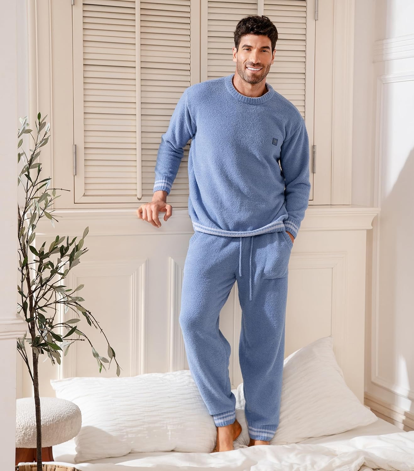 DAVID ARCHY Mens Pajamas Set Ultra-Soft Fleece Pajamas Warm Sleepwear Long Sleeve Lounge Set with Pockets