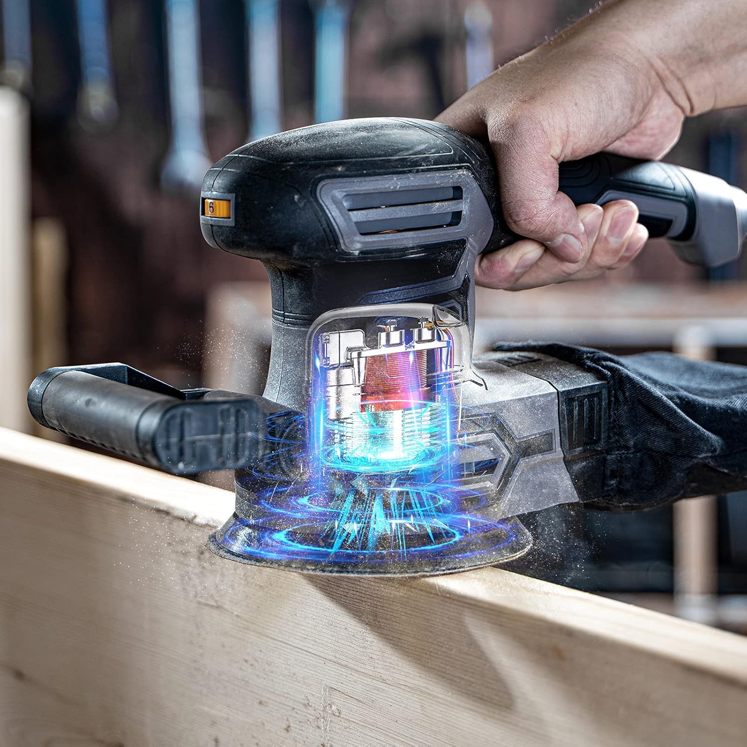 3.8A(450W) Orbital Sander, Jellas 6 Variable Speeds Double Handle Random Orbit Sander, 5-Inch Electric Sander with 18pcs Sandpapers, Dust Collector, Ideal Power Sander for Woodworking(OS450)