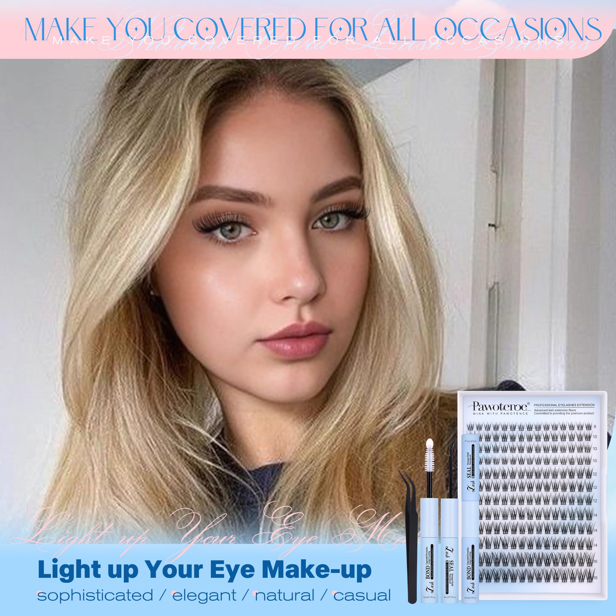 Pawotence Lash Extension Kit DIY 280pcs Lash Clusters Eyelash Extension Kit, 9-16mm 30D 40D Individual Lashes Kit with Lash Bond and Seal, Lash Tweezers for Self Use (30D&40D, 0.07D, 9-16mm, Kit)