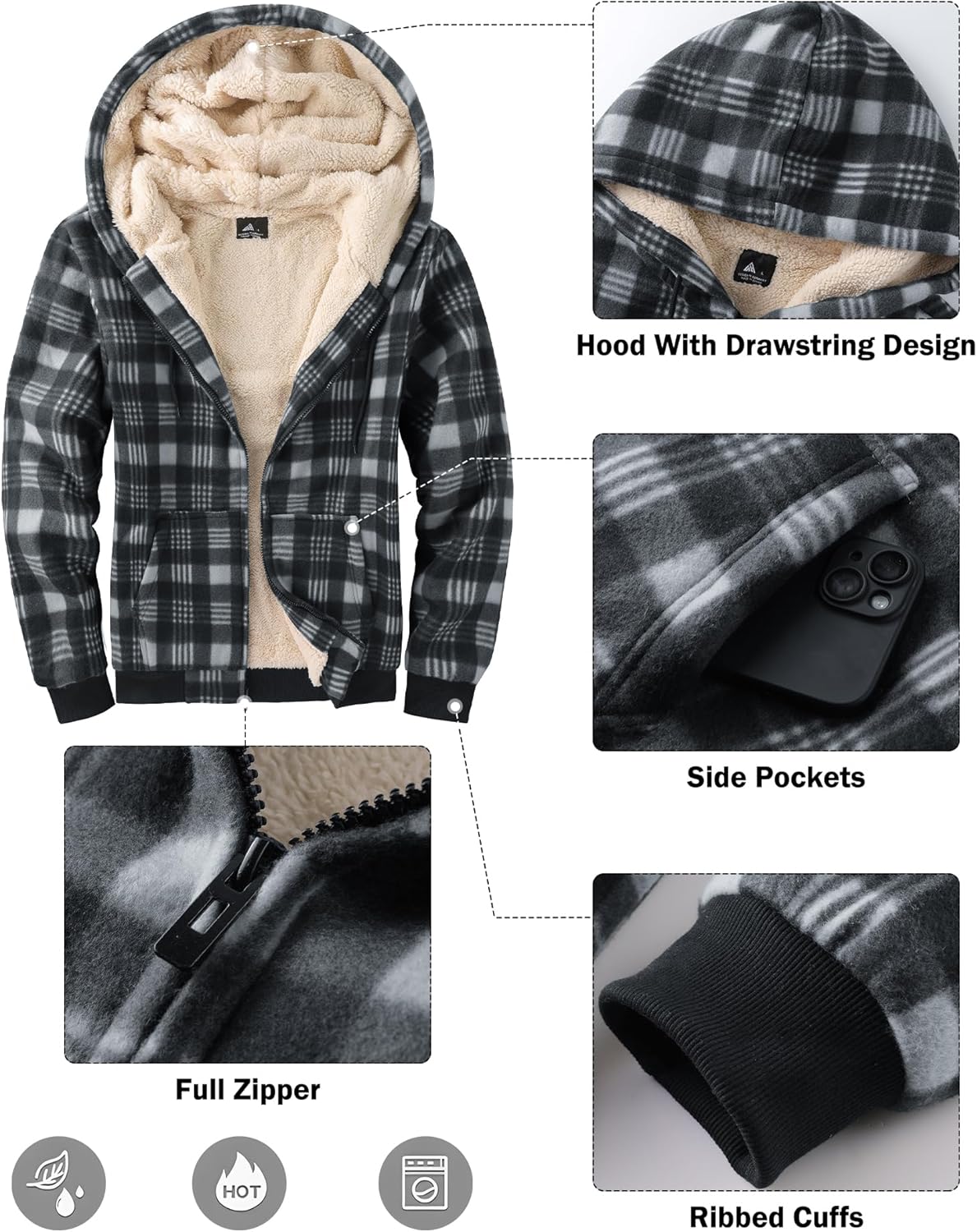 Mens Plaid Hoodies Winter Zip Up Fleece Jacket Sherpa Fleece Lined Warm Flannel Jacket Coat