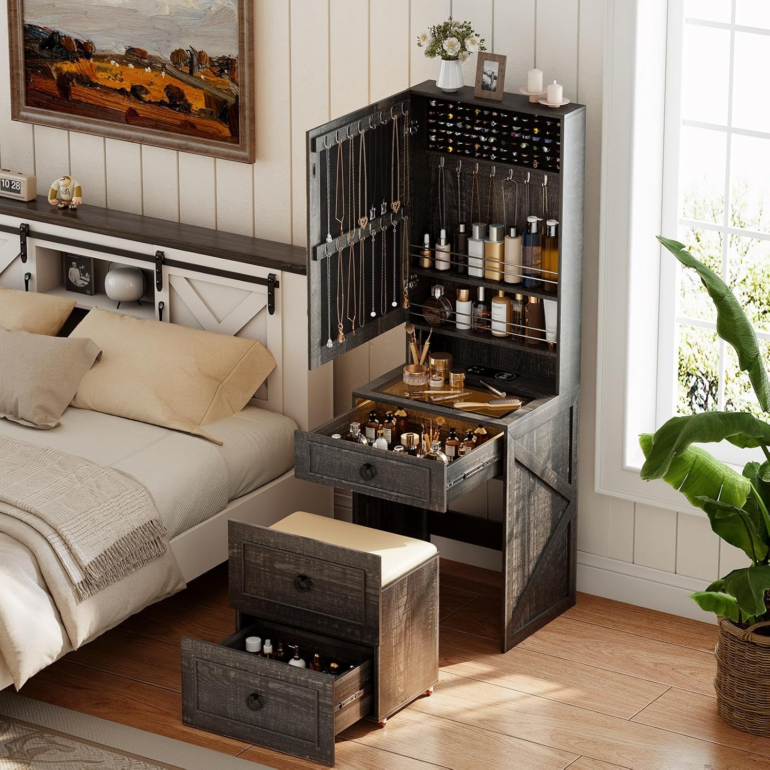 Makeup Vanity Desk with Mirror and Lights,Small Vanity Desk Set with Charging Station & Glass Top,Compact Dressing Table with Jewelry Cabinet & Storage Wheel Stool for Bedroom, Rustic Brown