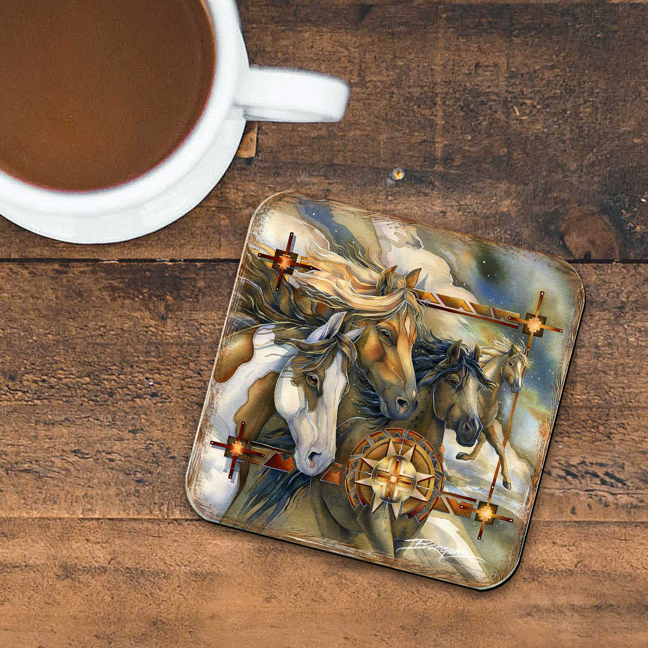 Wild Horses Wooden Cork Coasters Gift Set of 4 by J. Bergsma - Wildlife Décor  - 8199474C-S4