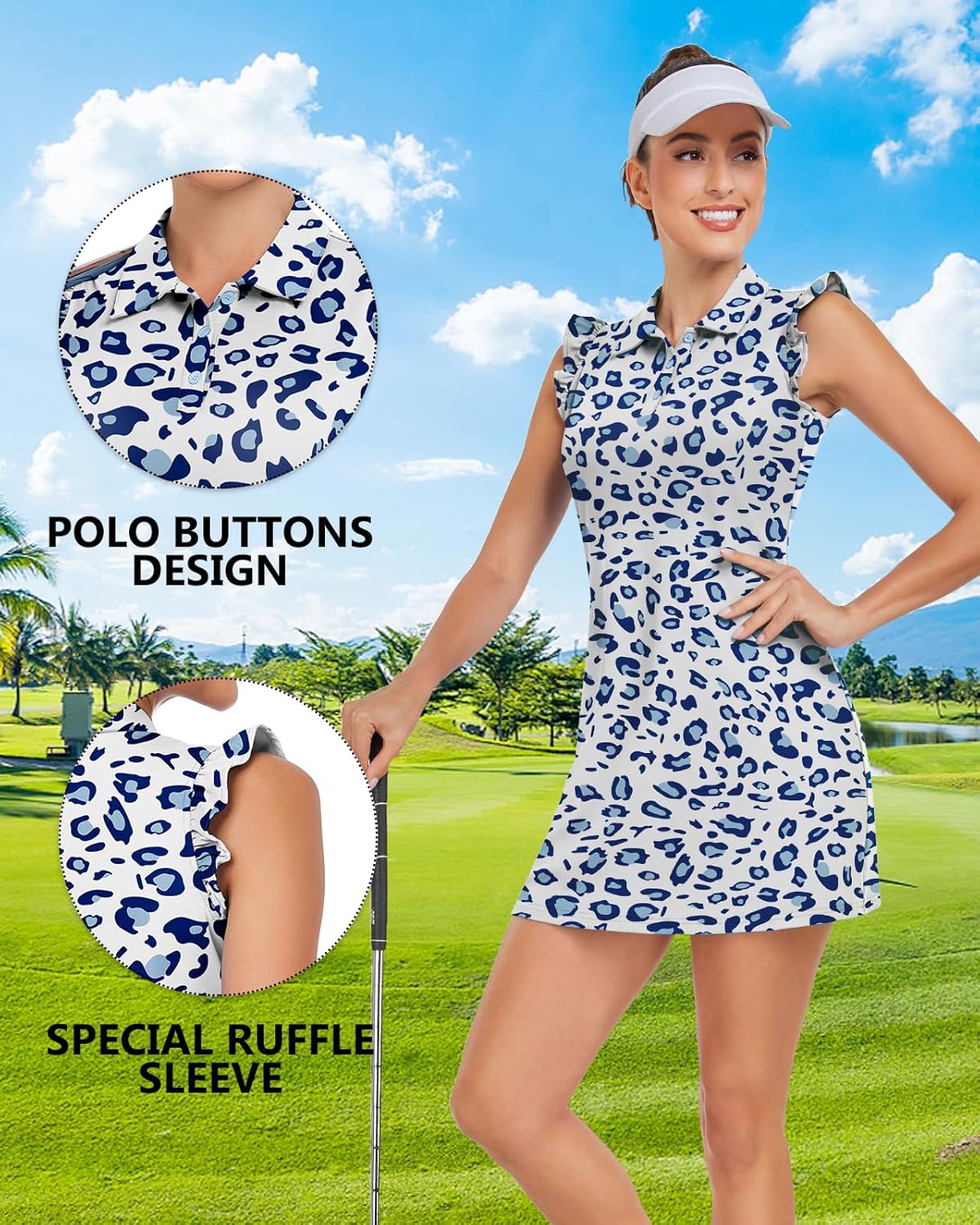 WOWENY Tennis Dress Polo Buttons Golf Dresses with Built in Shorts and Pockets Ruffle Sleeveless Athletic Workout Dress