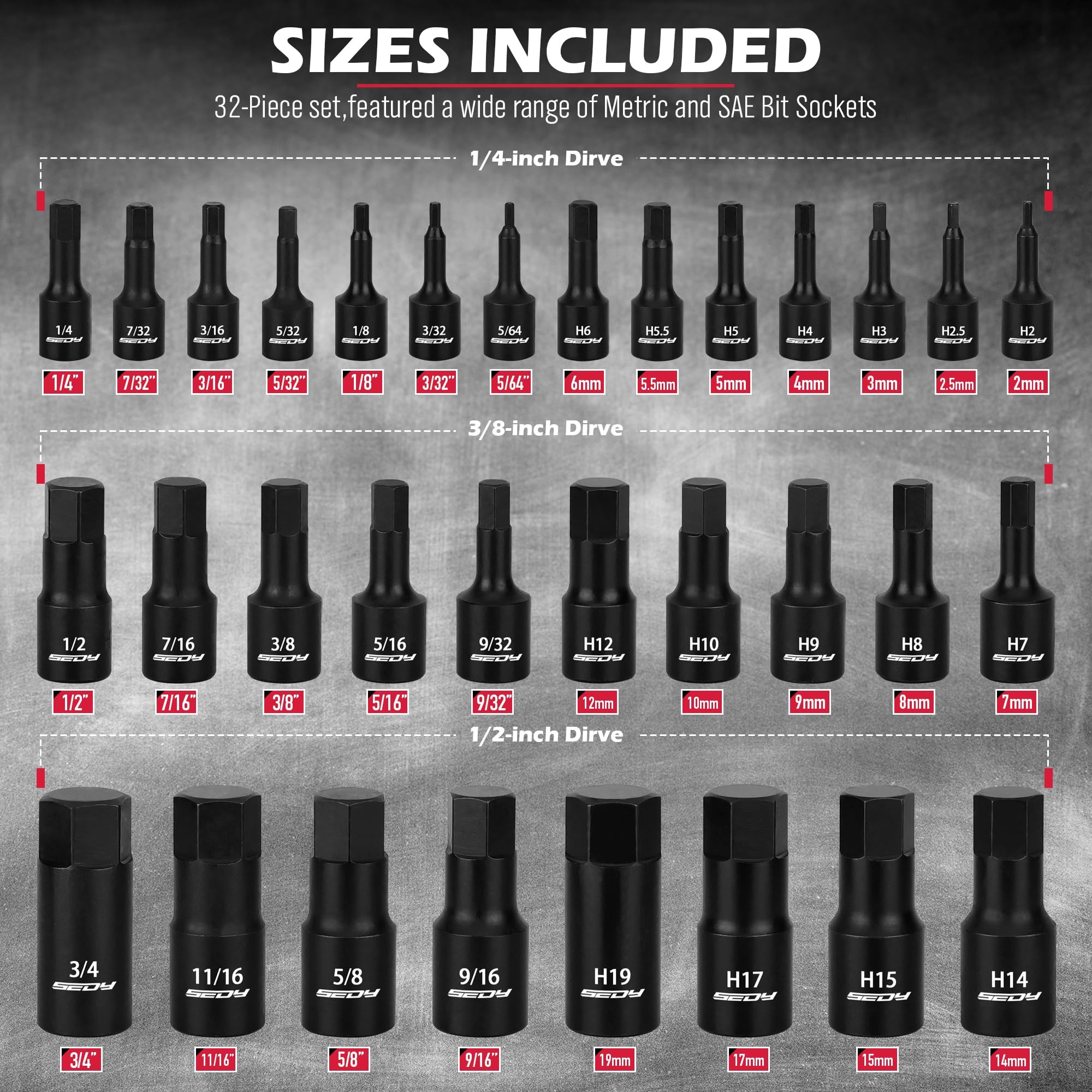 Hex Bit Impact Socket Set: 36-Piece with 4 Adapters, 1/4" 3/8" 1/2" Drive Master Allen Impact Socket Set, SAE and Metric, H5-H19 & 3/4"-5/64", Heavy Duty Storage Case, Automotive Mechanic