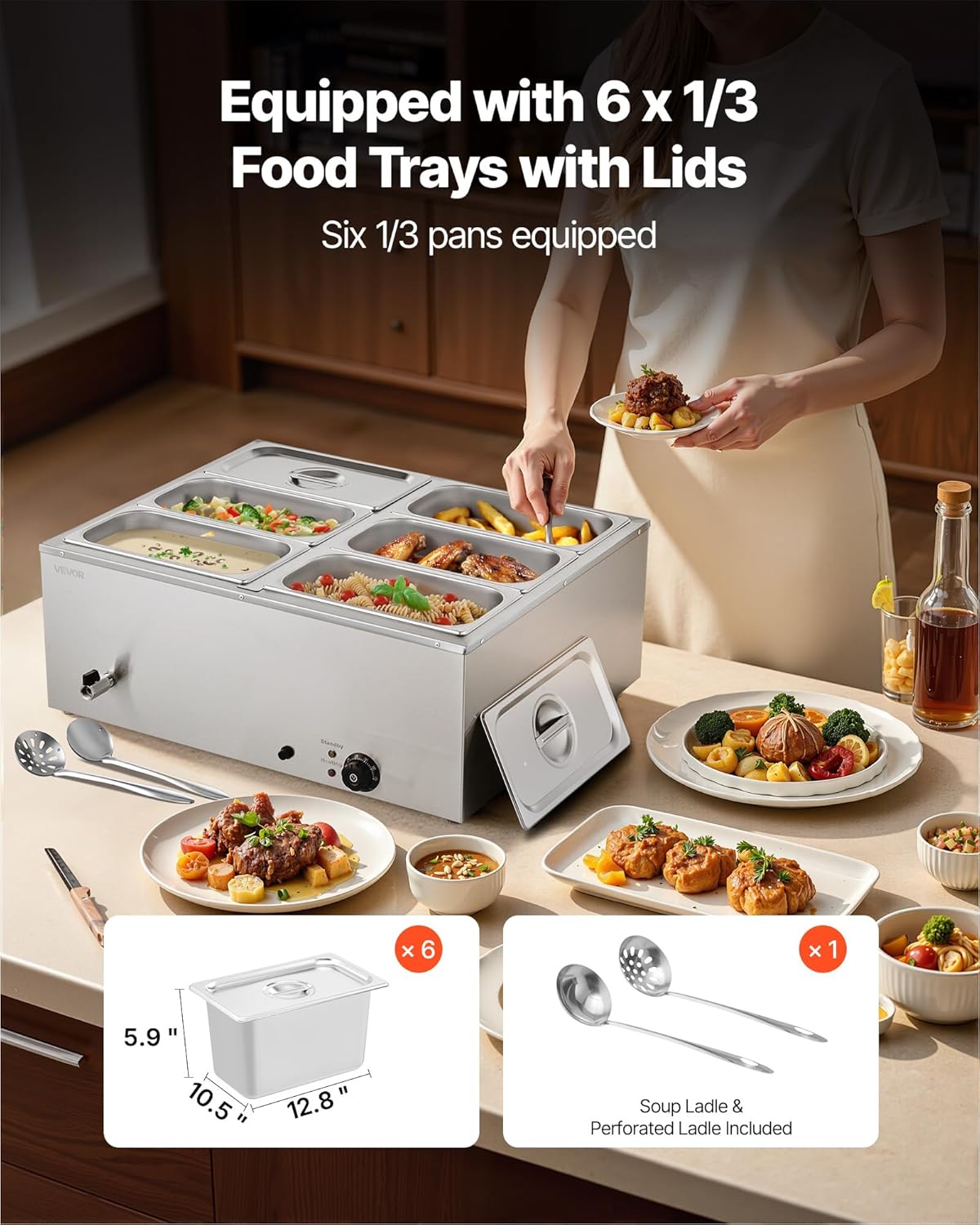 VEVOR Commercial Food Warmer, 1500W Electric Stainless Steel Steam Food Warmer with Lid, 6-Pan Fast Heating Countertop Buffet Bain Marie with Soup & Perforated Ladles, for Catering, Restaurant, Party