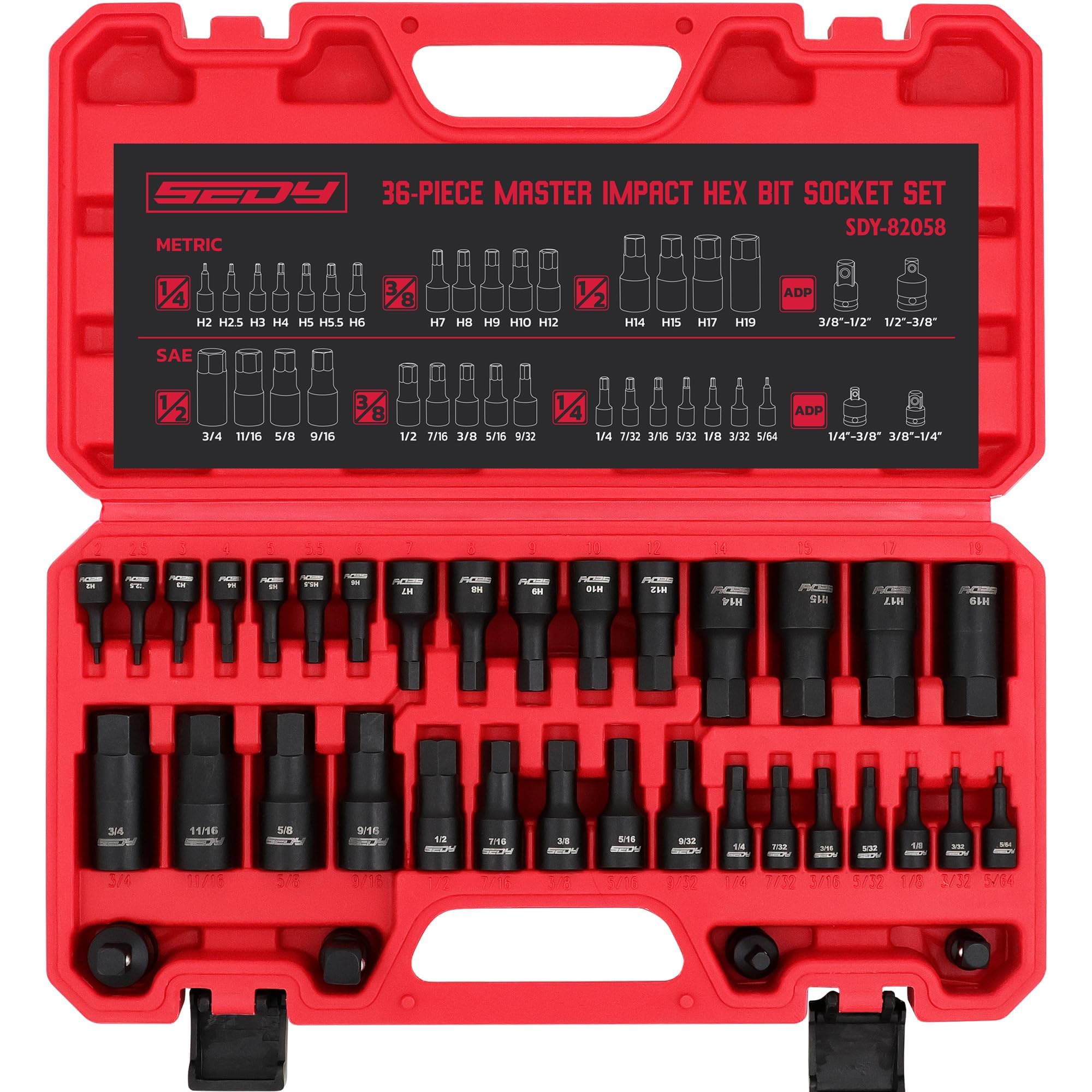 Hex Bit Impact Socket Set: 36-Piece with 4 Adapters, 1/4" 3/8" 1/2" Drive Master Allen Impact Socket Set, SAE and Metric, H5-H19 & 3/4"-5/64", Heavy Duty Storage Case, Automotive Mechanic