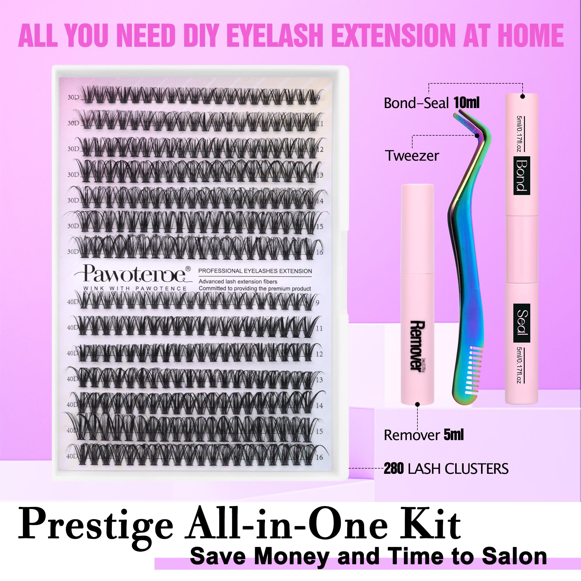 Pawotence Lash Extension Kit DIY 280pcs Lash Clusters Eyelash Extension Kit, 9-16mm 30D 40D Individual Lashes Kit with Lash Bond and Seal, Lash Tweezers for Self Use (30D&40D, 0.07D, 9-16mm, Kit)