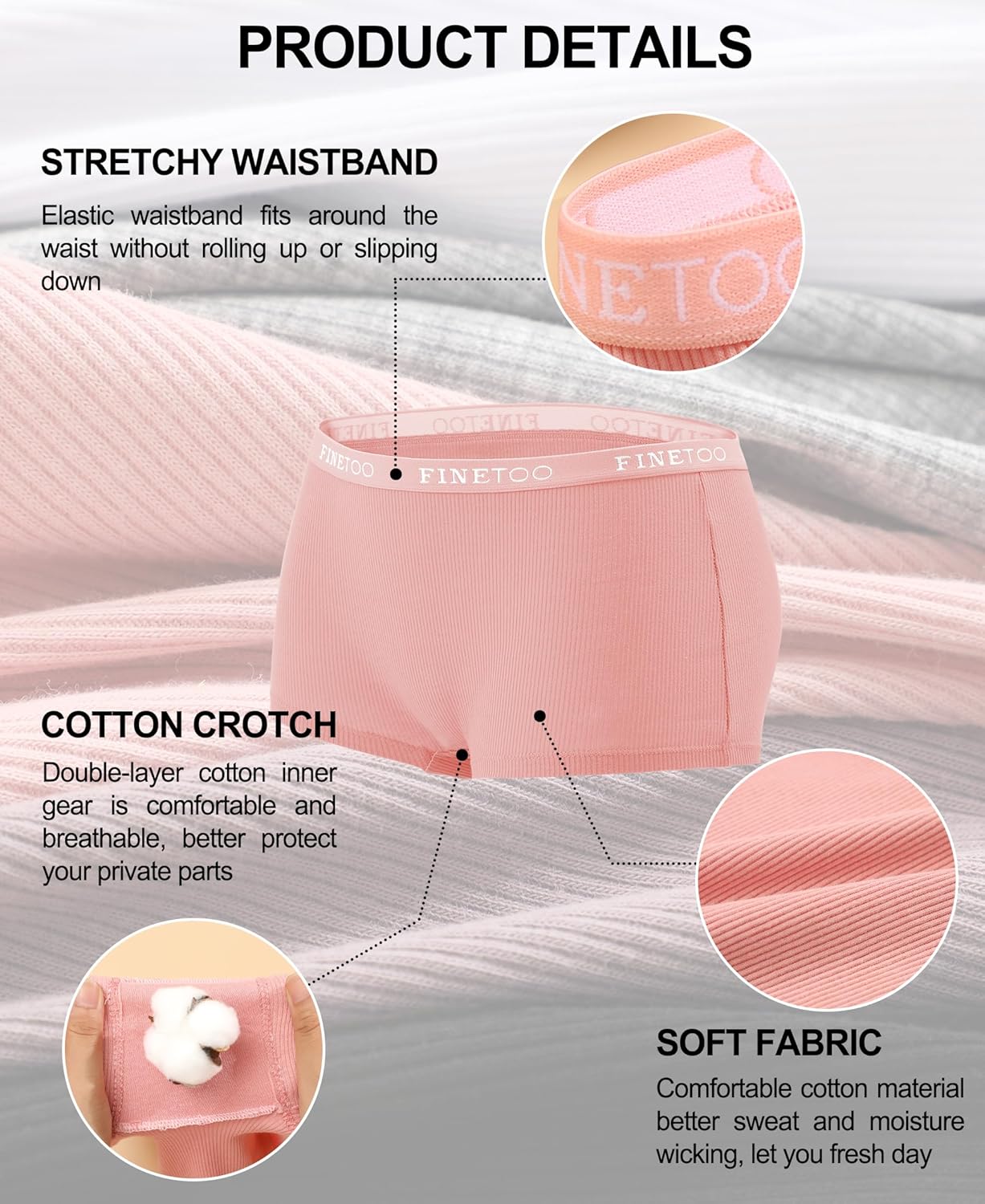 FINETOO Boyshort Underwear for Women Cotton Boxer Briefs Full Coverage Ladies BoyShorts Panties 5 Pack