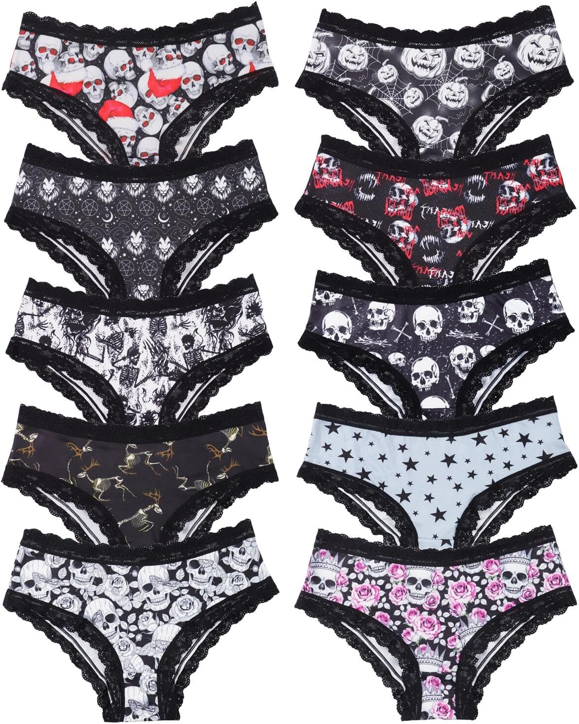 Morvia 10pcs Women's Gothic Contrast Lace Halloween Skull & Rose Print Hipster Panties Assorted Styles
