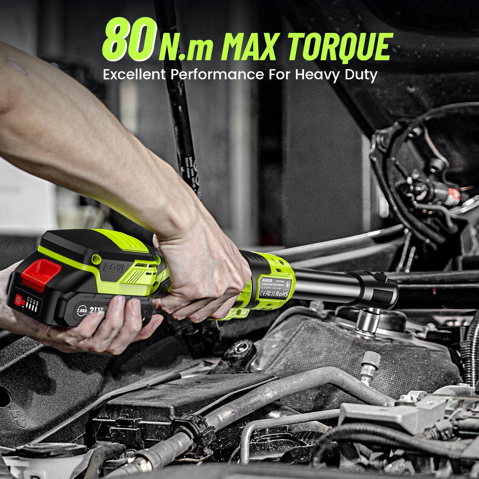 3/8" Cordless Ratchet Wrench: 58Ft-lbs (80N.m) 400RPM Light Weight Electric Ratchet, 6'' Extended Neck, 2 x2.0Ah Battery, 8 Sockets, 3" Extension Bar, LED Light (RH80B)