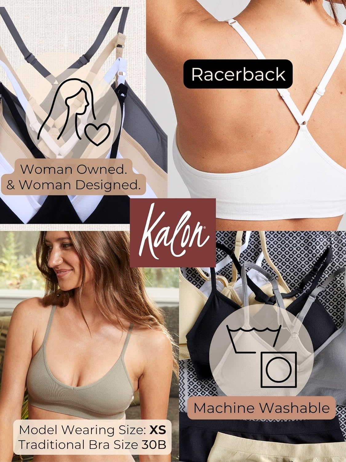 Kalon Women’s 4 Pack Racerback Sports Bralette Seamless Wireless Comfort Bra