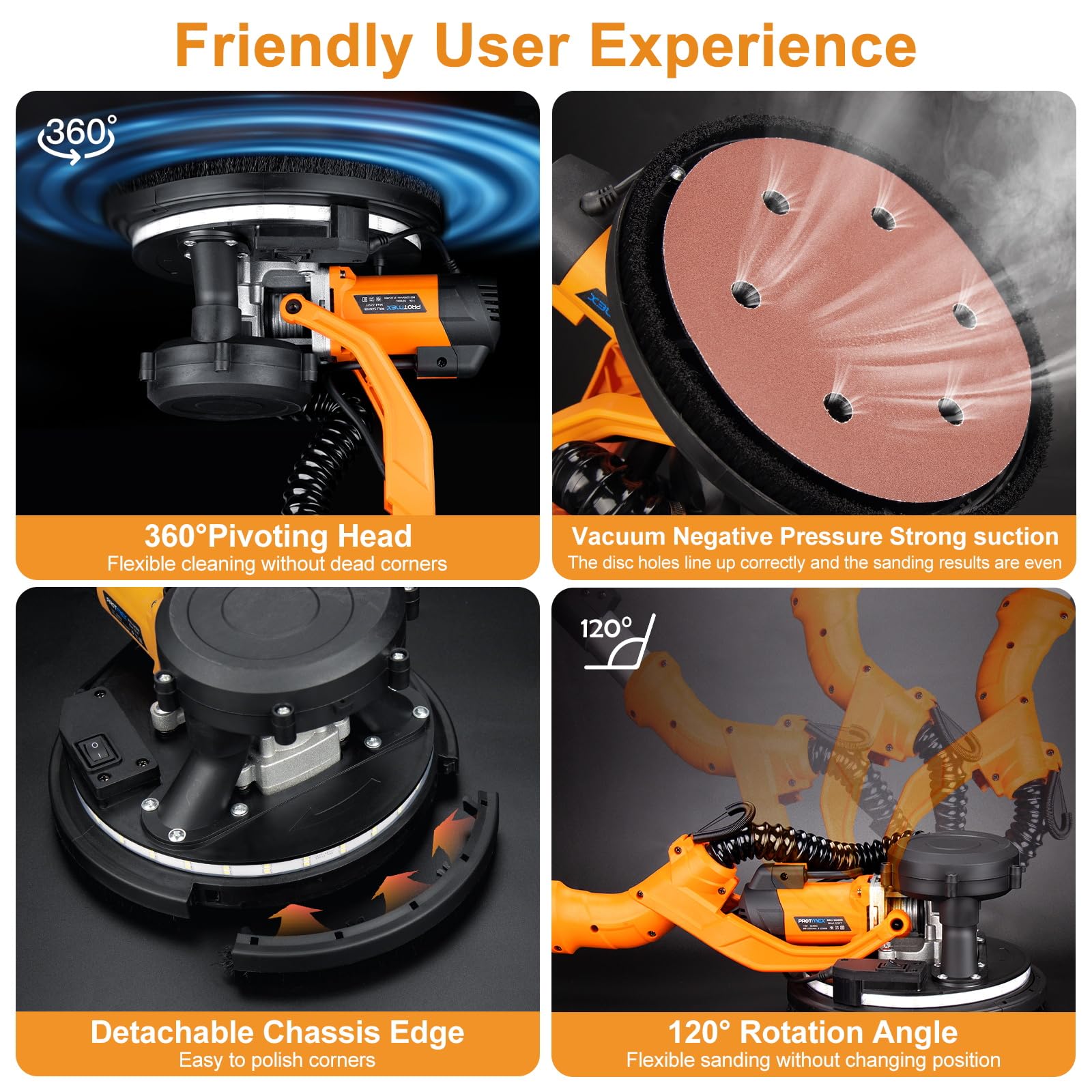 Drywall Sander, 1000W Popcorn Ceiling Removal Tool, Automatic Drywall Sander with Vacuum Dust Collection, LED Light, 6 Variable Speed 800-2200RPM,15Pcs Sanding Discs, Foldable & Extendable Handle