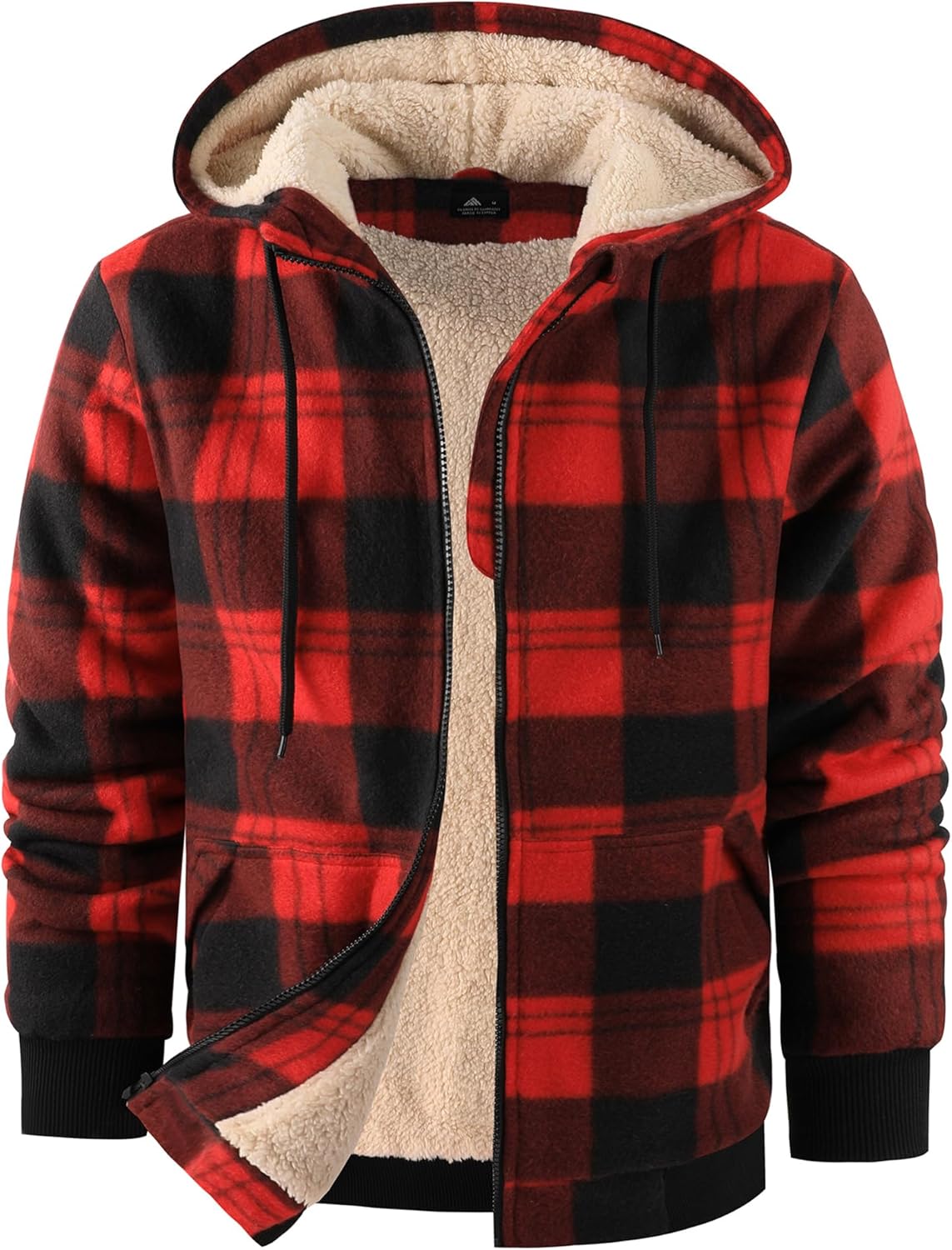 Mens Plaid Hoodies Winter Zip Up Fleece Jacket Sherpa Fleece Lined Warm Flannel Jacket Coat