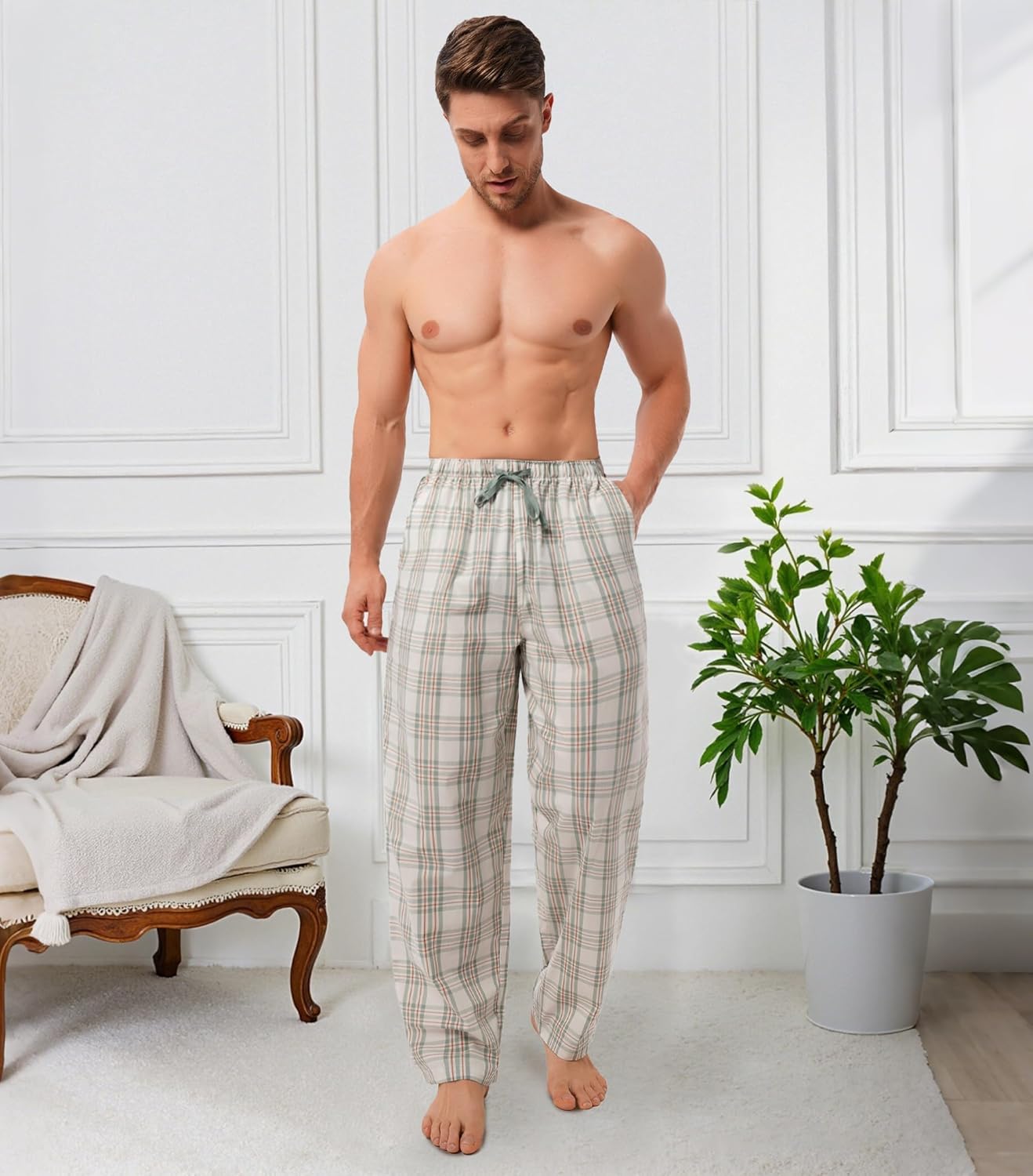 DAVID ARCHY Mens Pajama Pants Soft Cotton Plaid Sleepwear, Comfy Lounge Woven Pajamas Bottoms PJ Pant for Men, 3 pack
