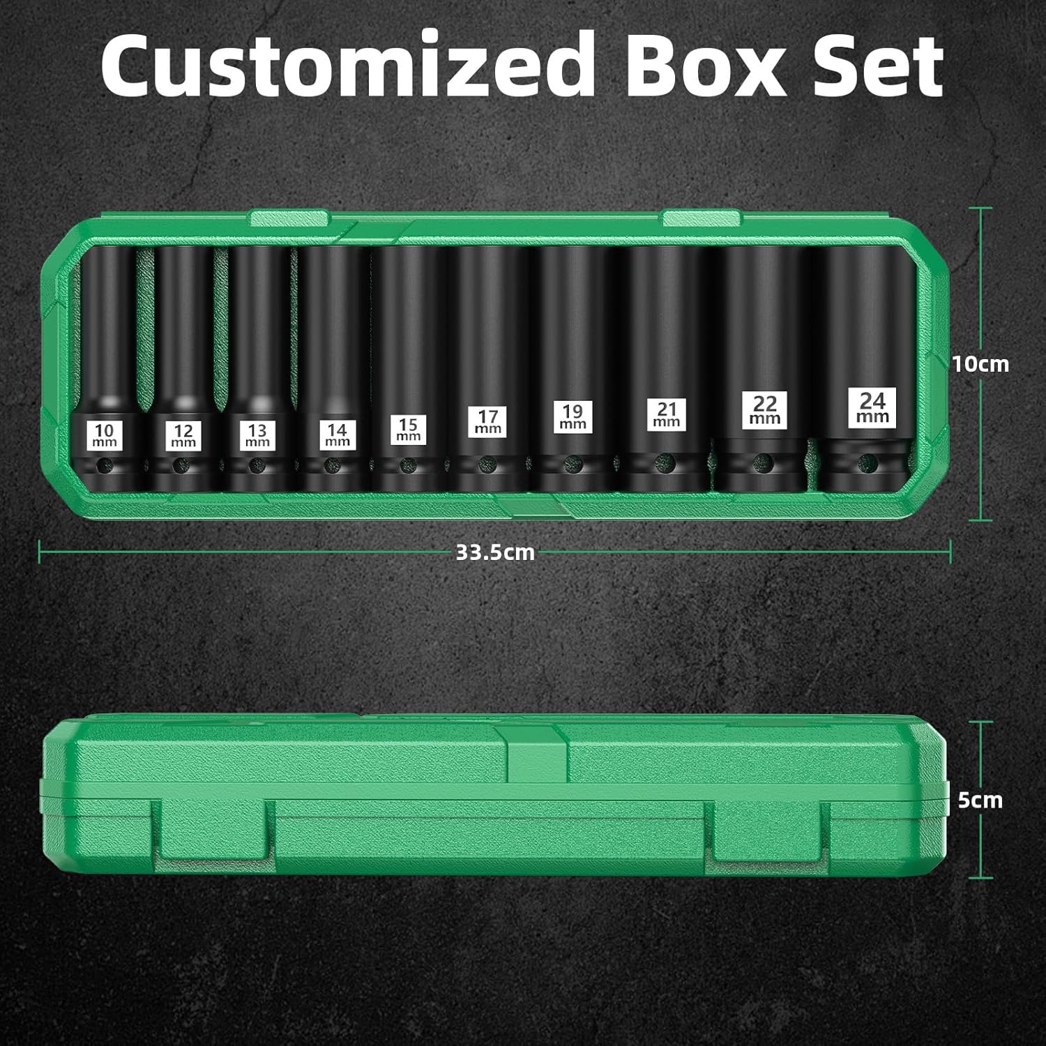 Professional Socket Set Wrench Kit, 10-Piece Metric 10-12-13-14-15-17-19-21-22-24mm, High-Torque C-V Steel Sockets for Automotive, Home Repair & DIY Projects