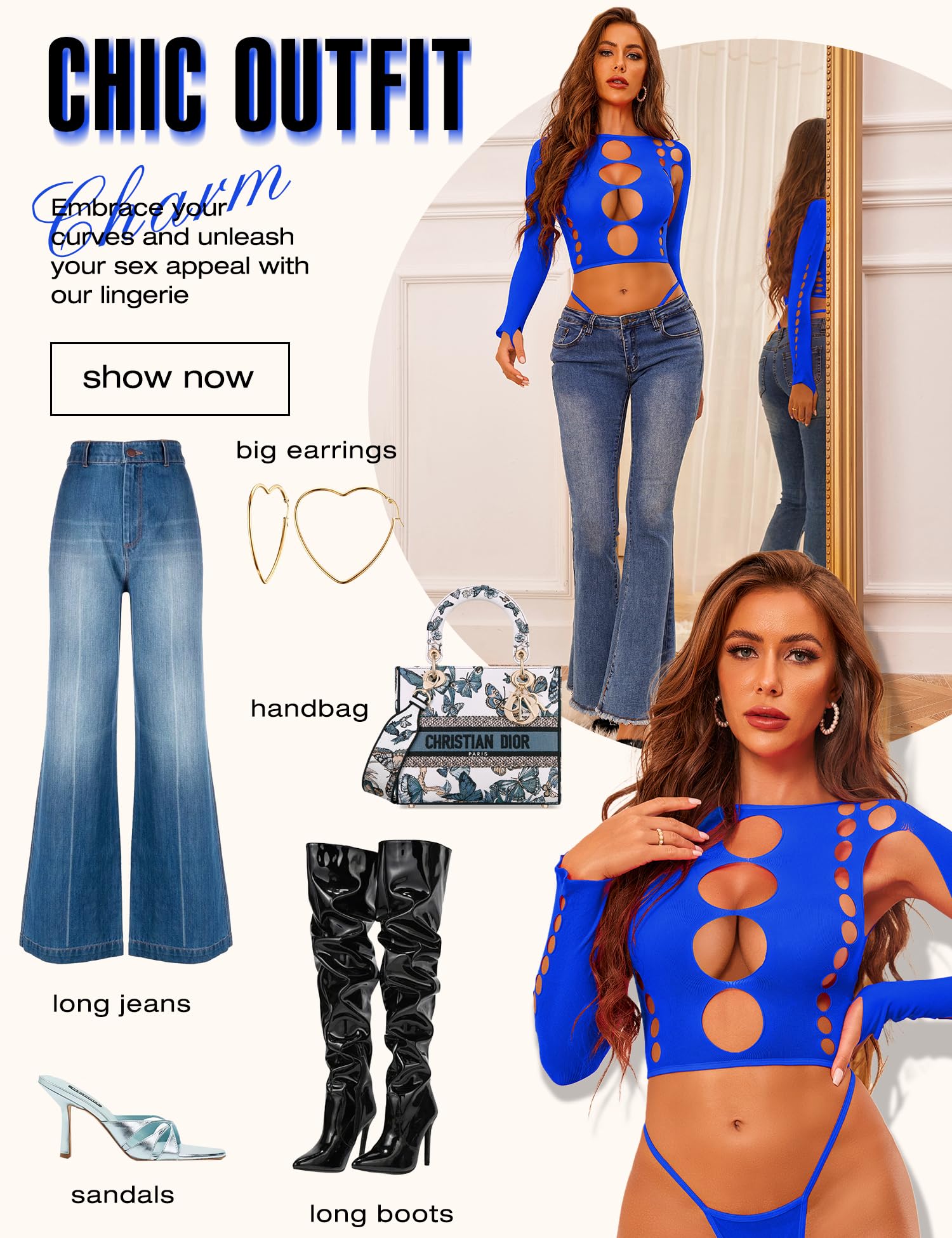 RSLOVE Women Sexy Lingerie Sets Bodysuit Cutout Top Long Sleeve Teddy Exotic Bodystocking Mesh Black