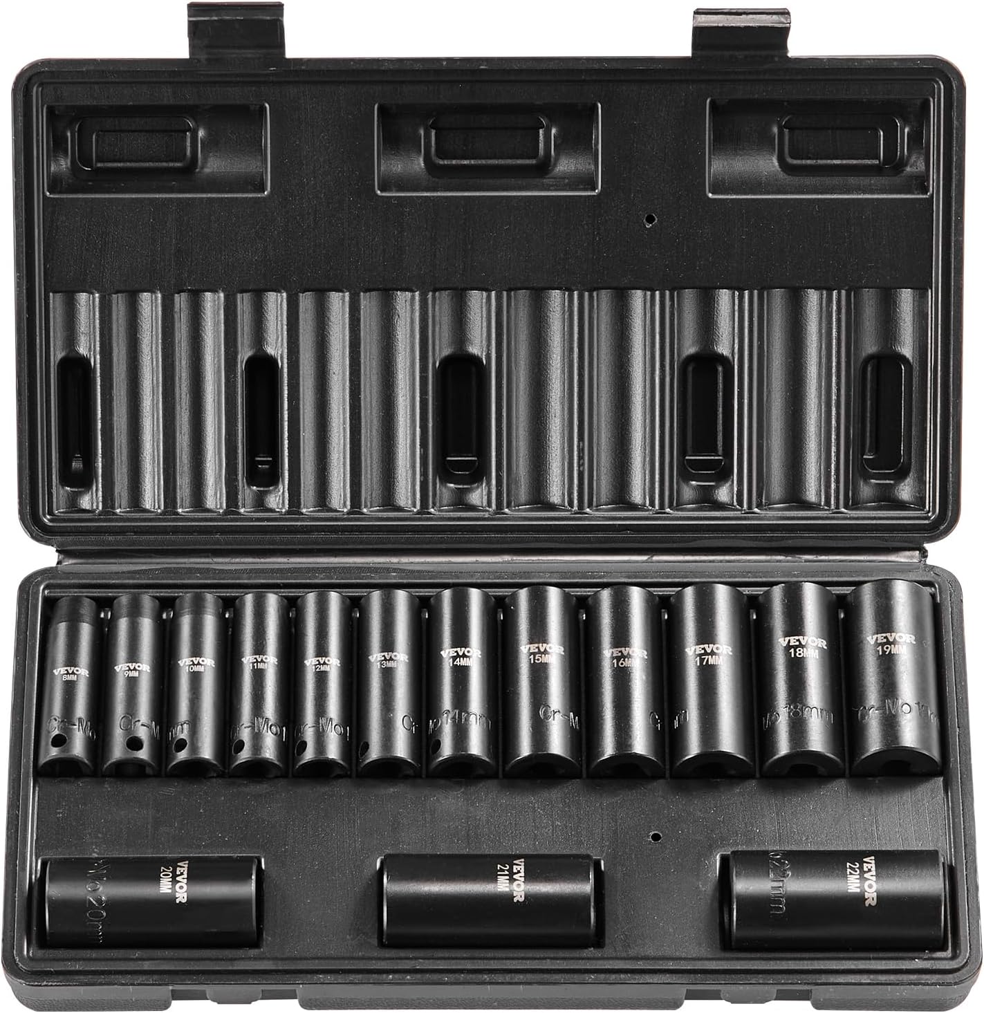 VEVOR Impact Socket Set 3/8" Drive, 48-Piece Standard SAE (5/16 to 3/4 inch) & Metric (8 to 22 mm) Size, Deep & Shallow, 6 Point, CR-V, Extension Bar, Universal Joint, 1/2" F to 3/8" M Reducer