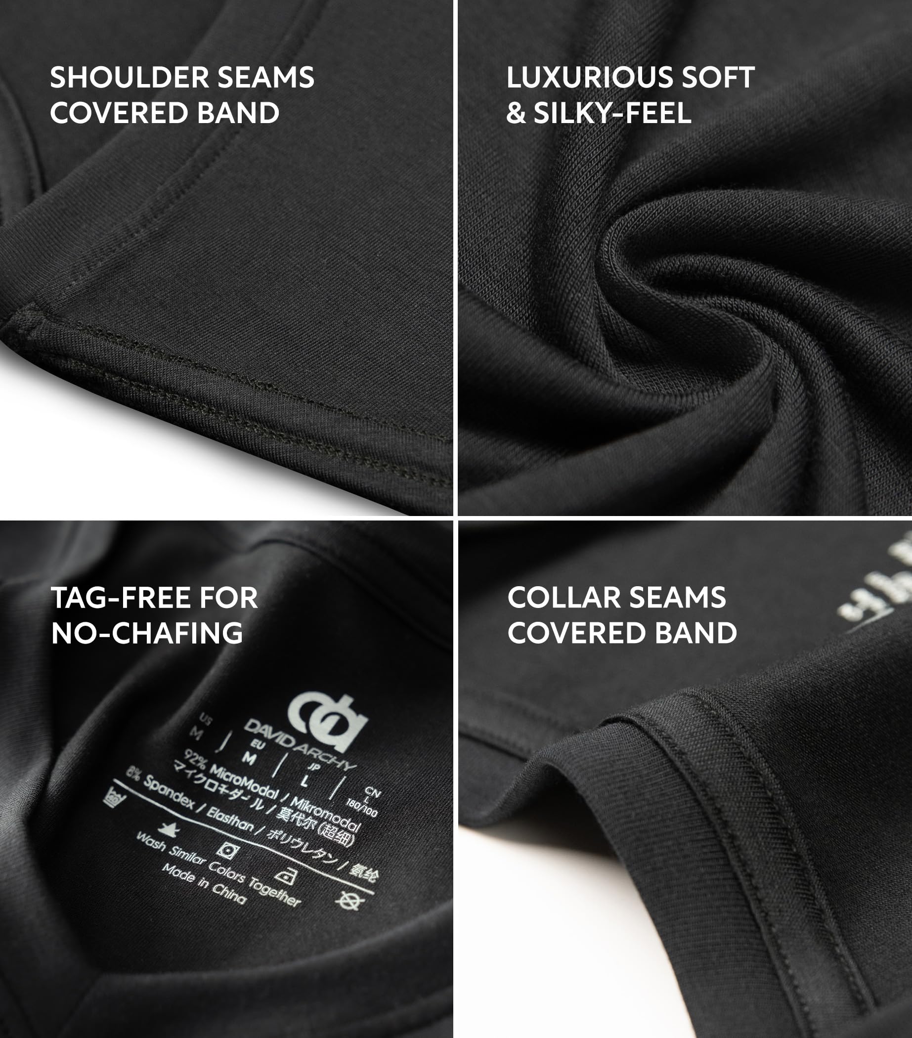 DAVID ARCHY Men's Undershirts Micro Modal Ultra Soft T-Shirts Stretch Moisture-Wicking Crewneck/V-Neck Tees for Men, 3-Pack