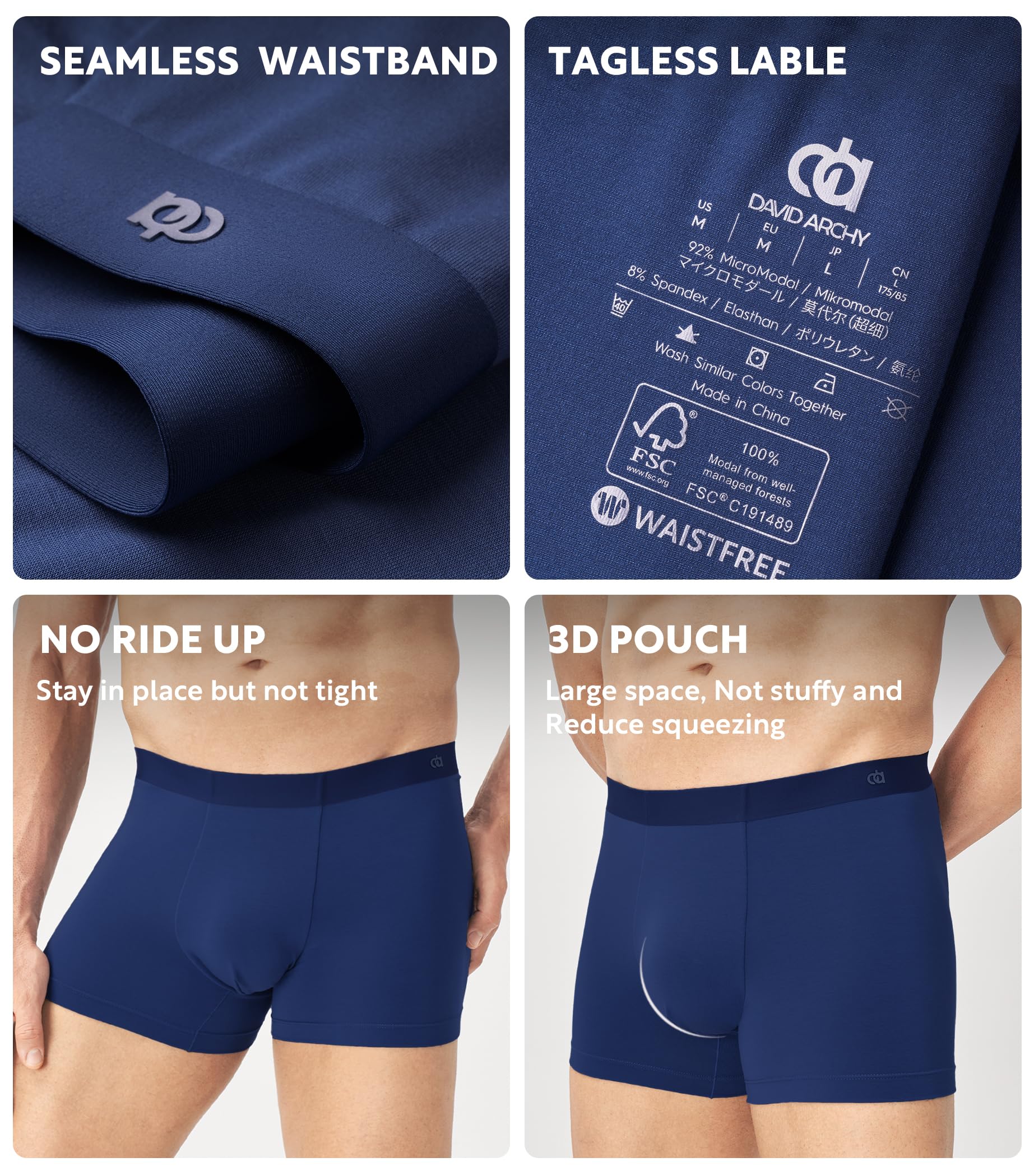 DAVID ARCHY Men's Underwear Trunks Modal Support Pouch Ultra Soft Breathable Seamless Underwear for Men 4 Pack