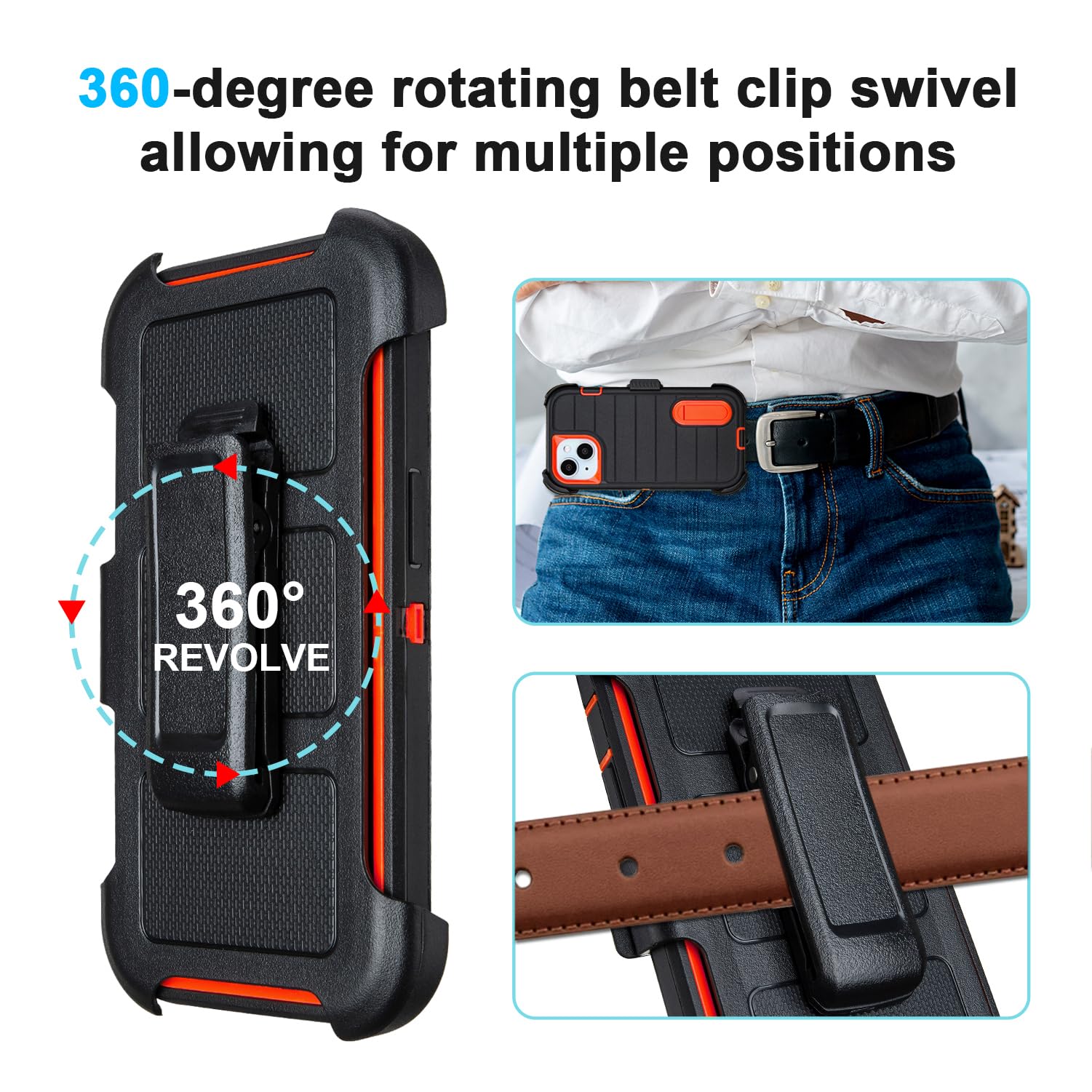 for Rugged iPhone 15 Case with Belt Clip Holster, Military Grade Heavy Duty Shockproof Cover for iPhone15 Case Protective with Stand 6.1 Inch (Black+Blue)