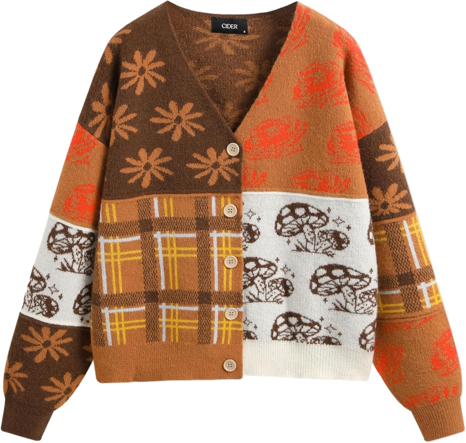 CIDER Cardigans for Women Trendy Mushroom Patchy V Neck Knit Button Down Conversational Pattern Oversized Cardigan