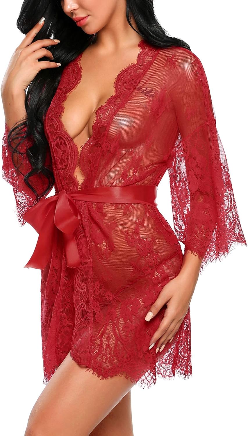 Avidlove Women's Lace Kimono Robe Babydoll Lingerie Mesh Nightgown S-5XL