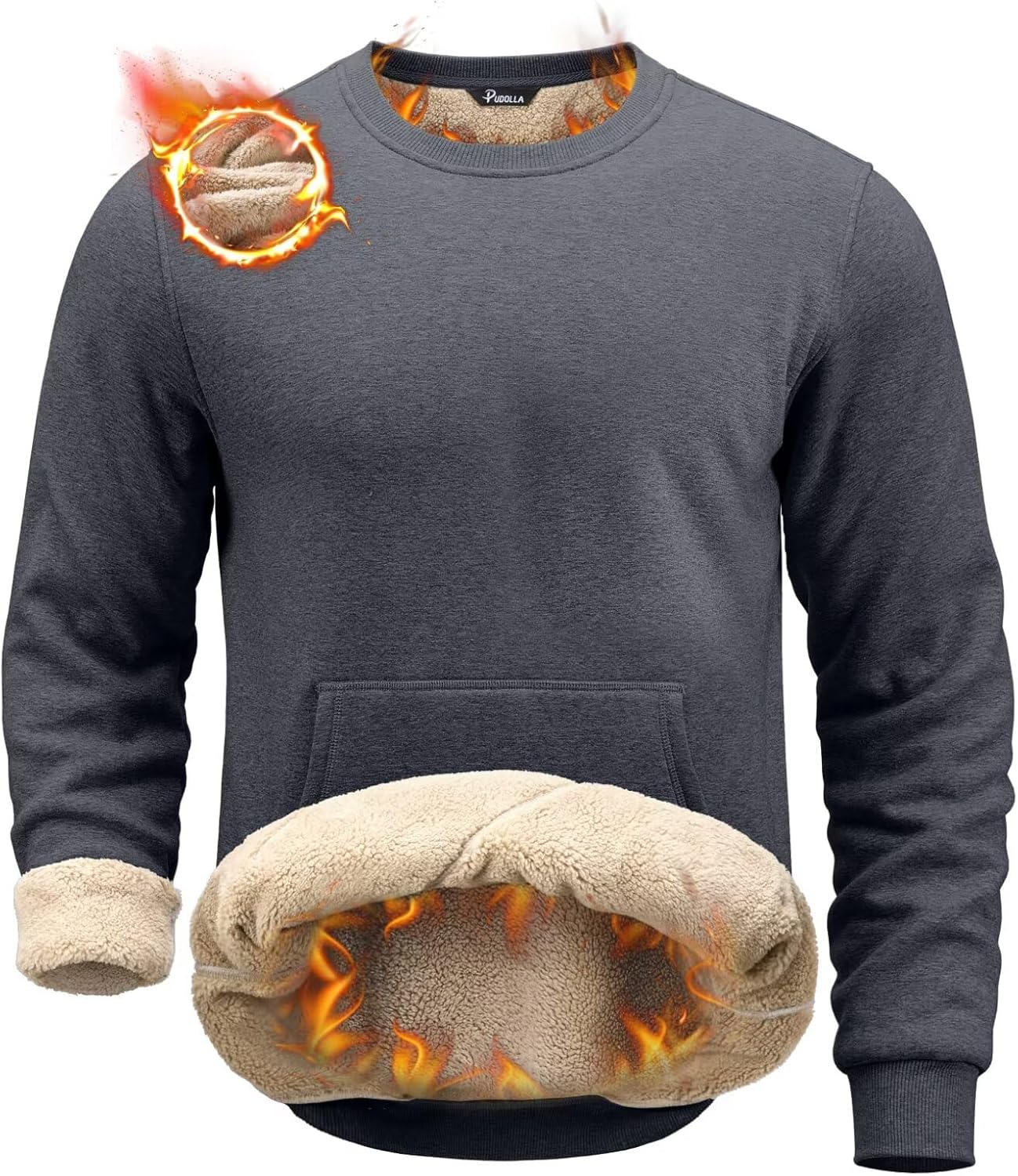 Pudolla Men's Sherpa Lined Sweatshirts Warm Soft Crewneck Sweatshirts Heavyweight Winter Pullover Kangaroo with Pouch Pocket