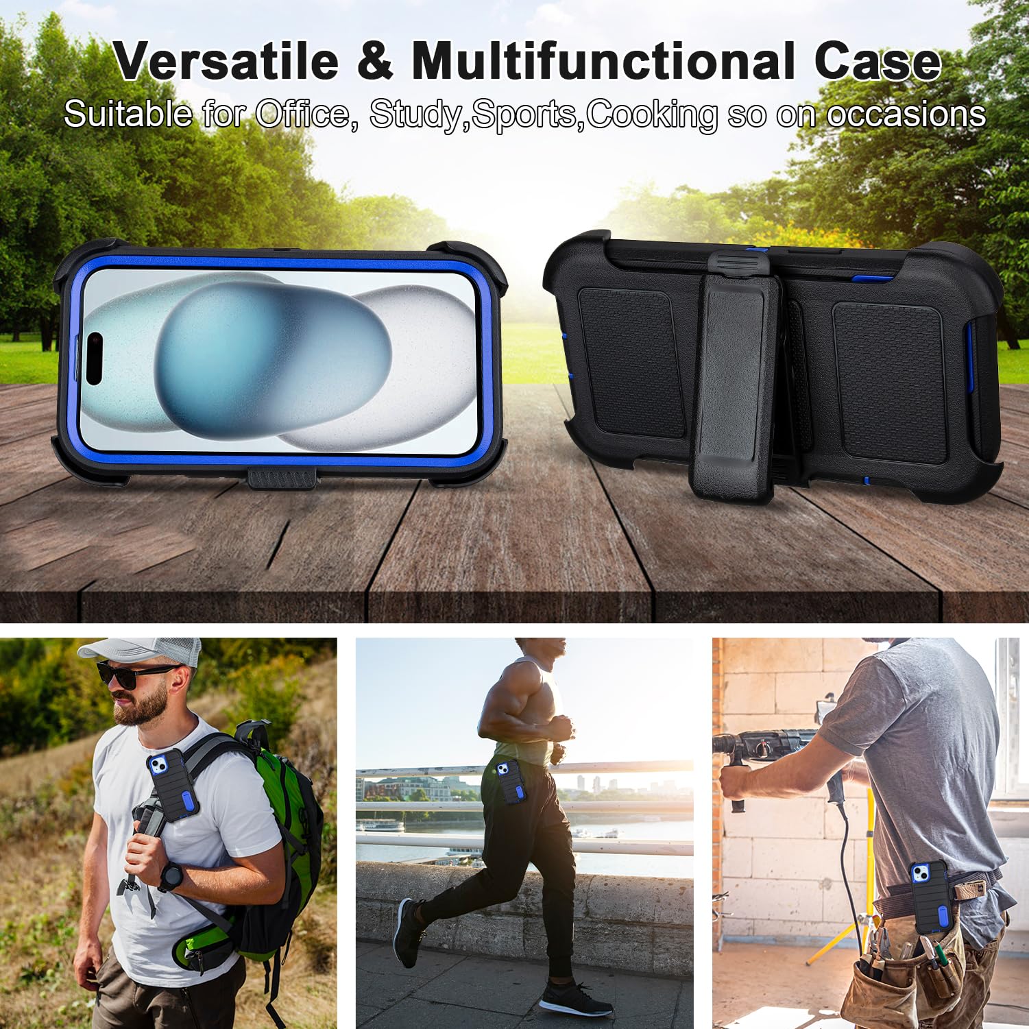 for Rugged iPhone 15 Case with Belt Clip Holster, Military Grade Heavy Duty Shockproof Cover for iPhone15 Case Protective with Stand 6.1 Inch (Black+Blue)
