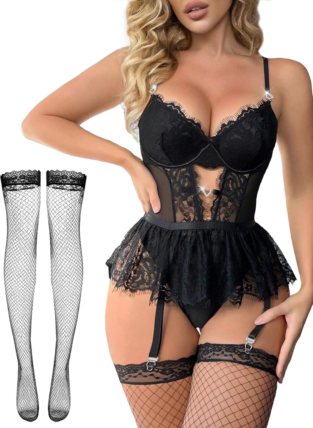 Women Lingerie Set Naughty Lace Bodysuit High Waisted Underwire Lingerie Babydoll With Garter Belt and Stockings