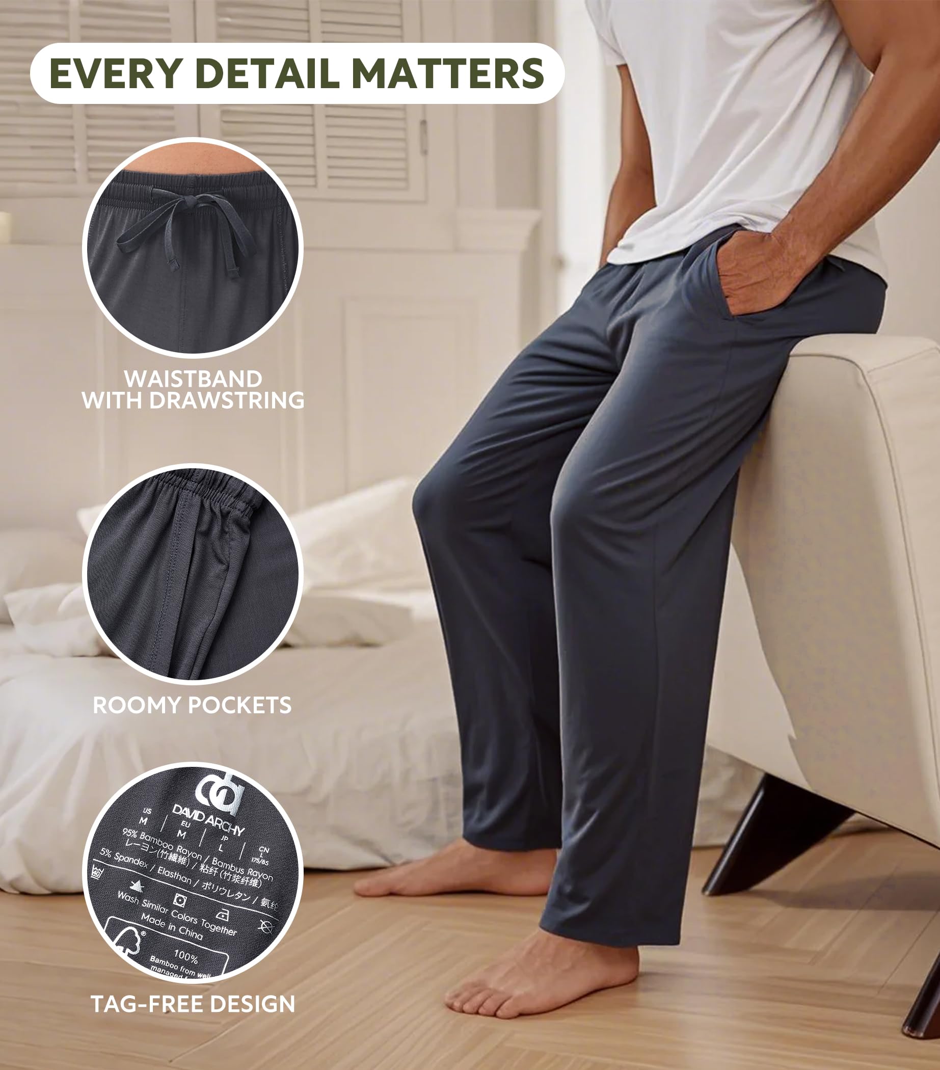DAVID ARCHY Mens Pajama Pants Bamboo Rayon Lightweight Sleep Bottoms, Breathable Lounge Pants with Pockets Comfy PJs, 2 Pack