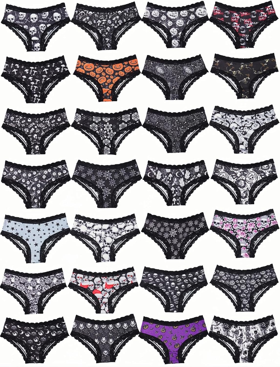 Morvia 10pcs Women's Gothic Contrast Lace Halloween Skull & Rose Print Hipster Panties Assorted Styles