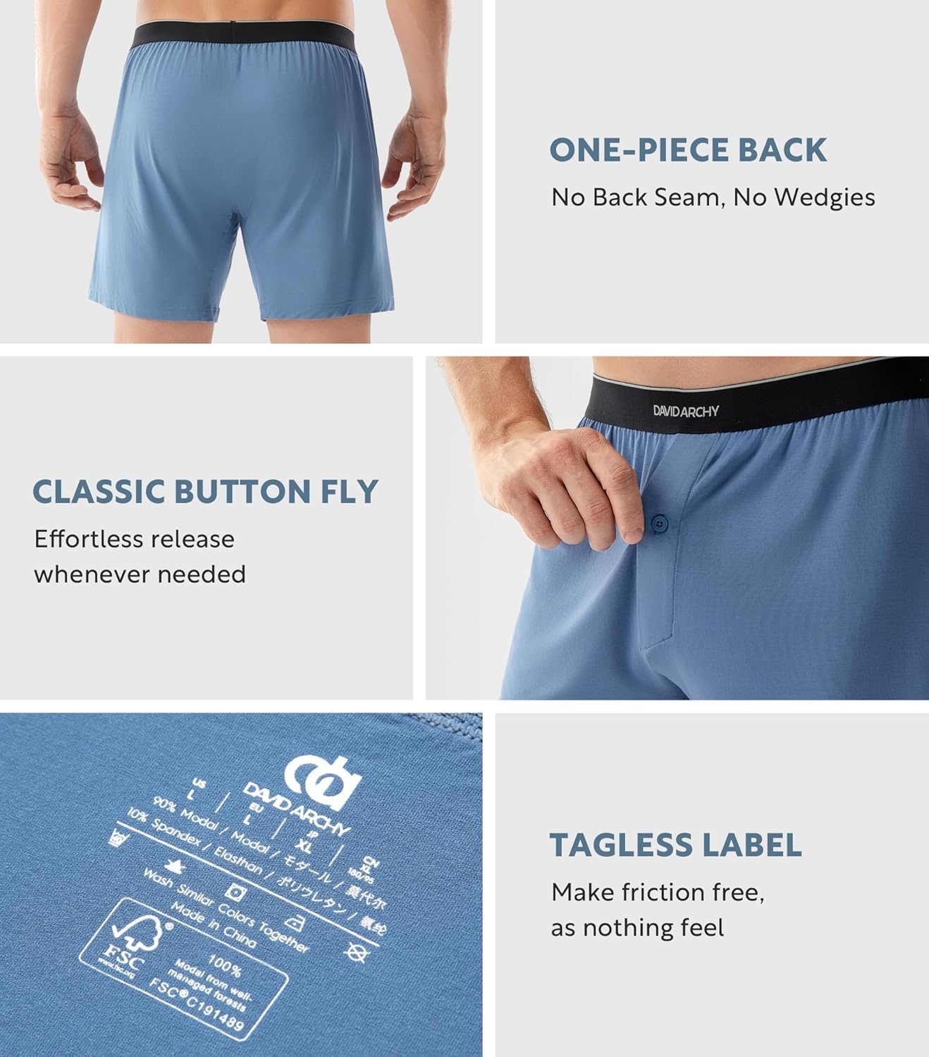 DAVID ARCHY Ultra Soft Modal Boxers for Men, Silky Stretchy Boxer Shorts, Breathable Loose Men's Underwear for Sleep 4 Pack